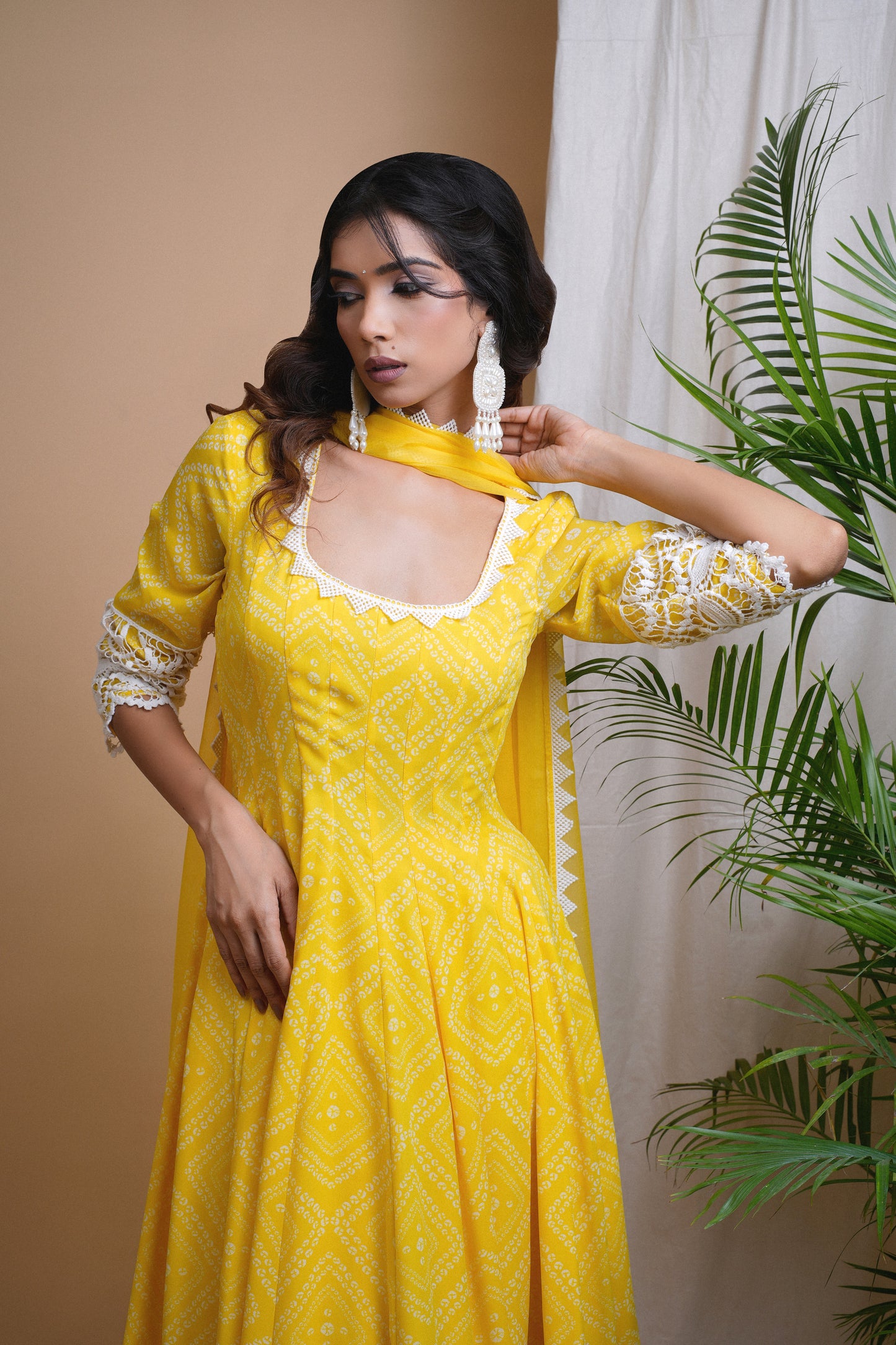 YELLOW BANDHANI DIGITAL PRINT ANARKALI SET (SET OF 3)