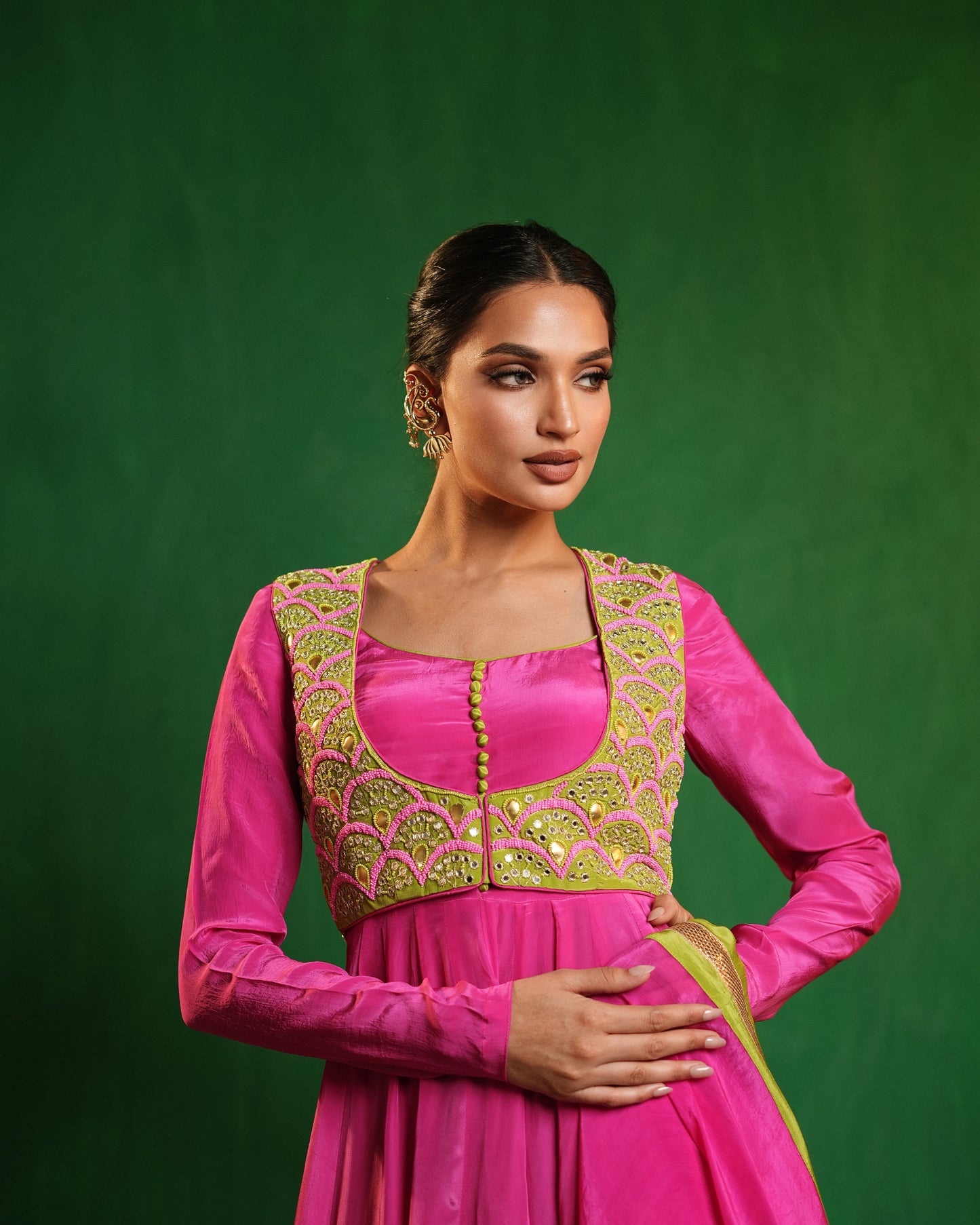 Fuschia Pink - Lime Green Heavy Anarkali Set (Set of 4)