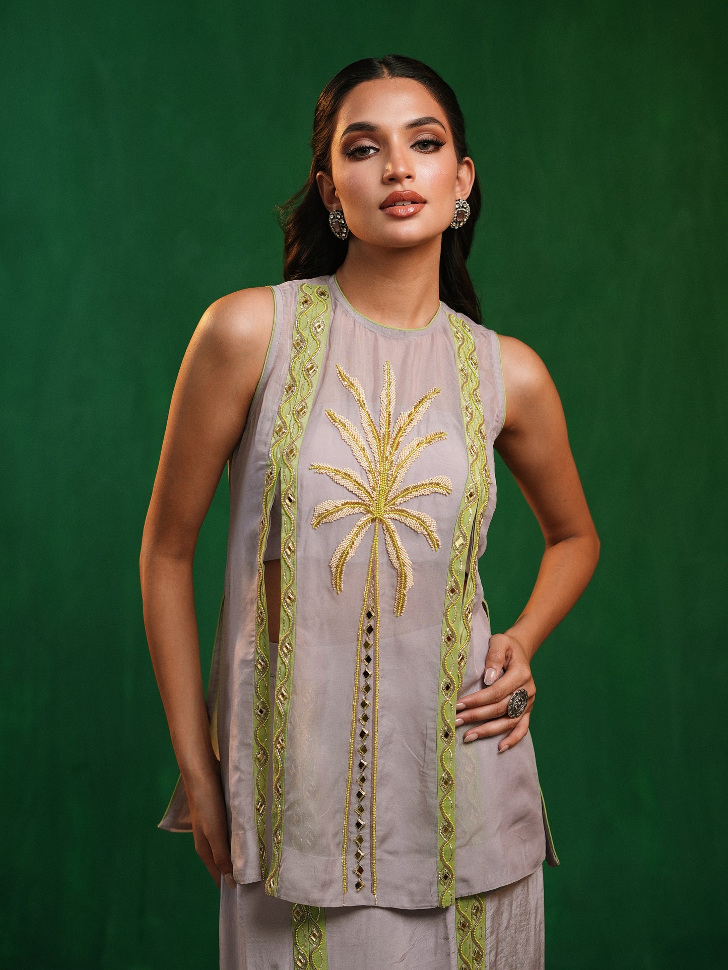 Lilac-Lime Green Organza Indo Set  (Set of 3)