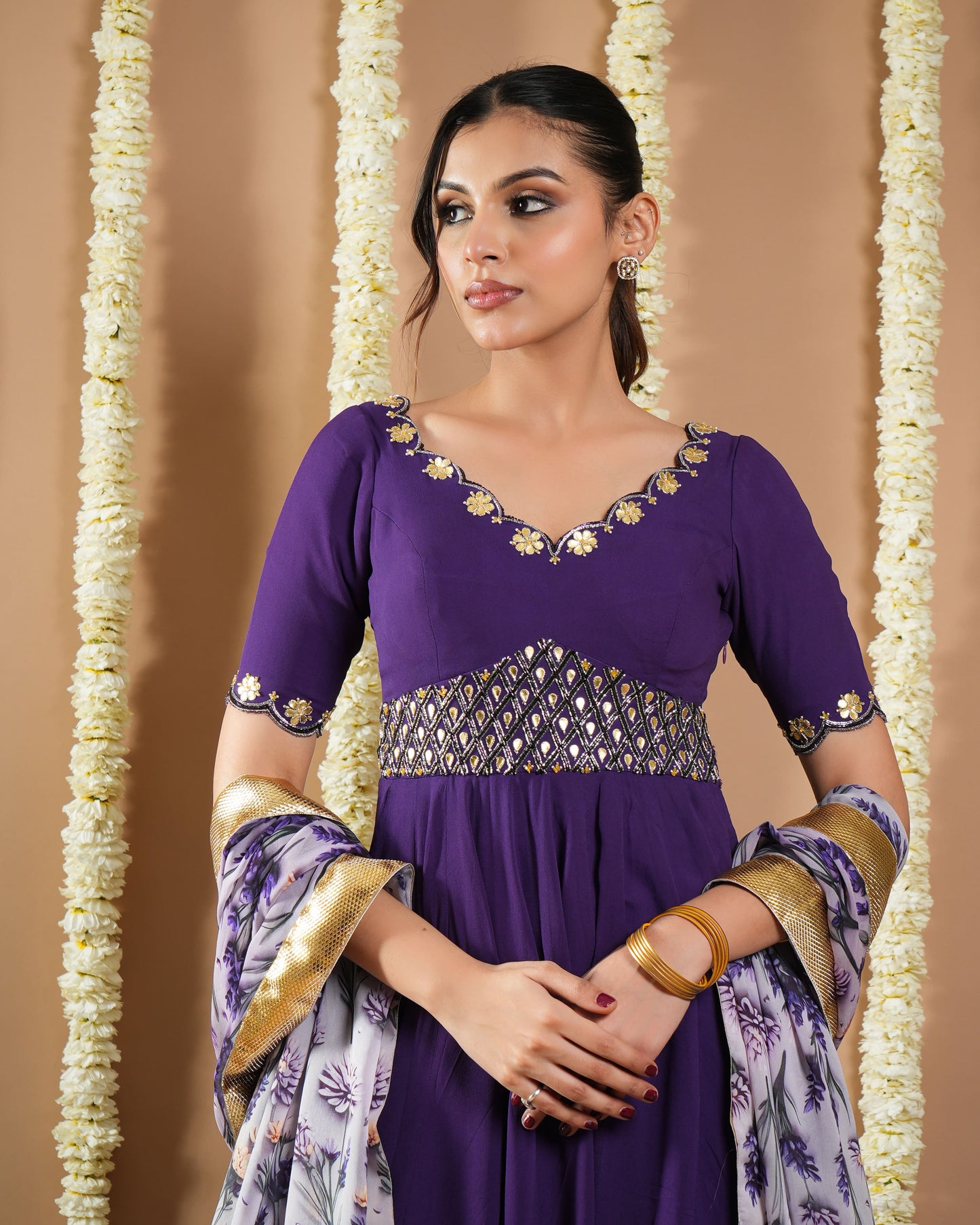 Dark Purple Georgette Anarkali Set (Set Of 3)