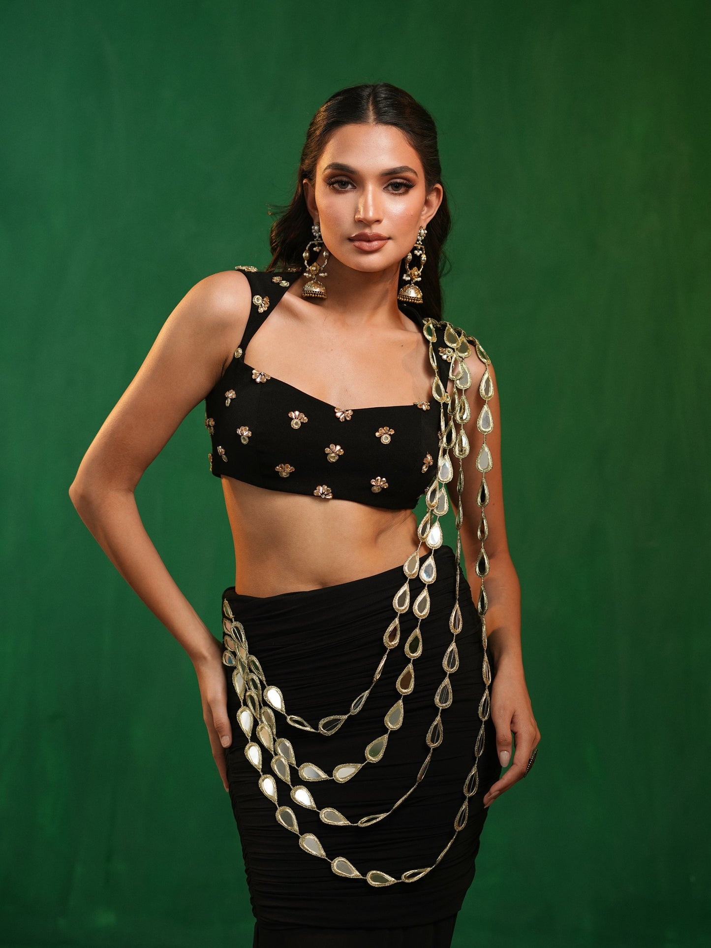 Black Heavy Mirror Draped Indo Saree Set (Set of 2)
