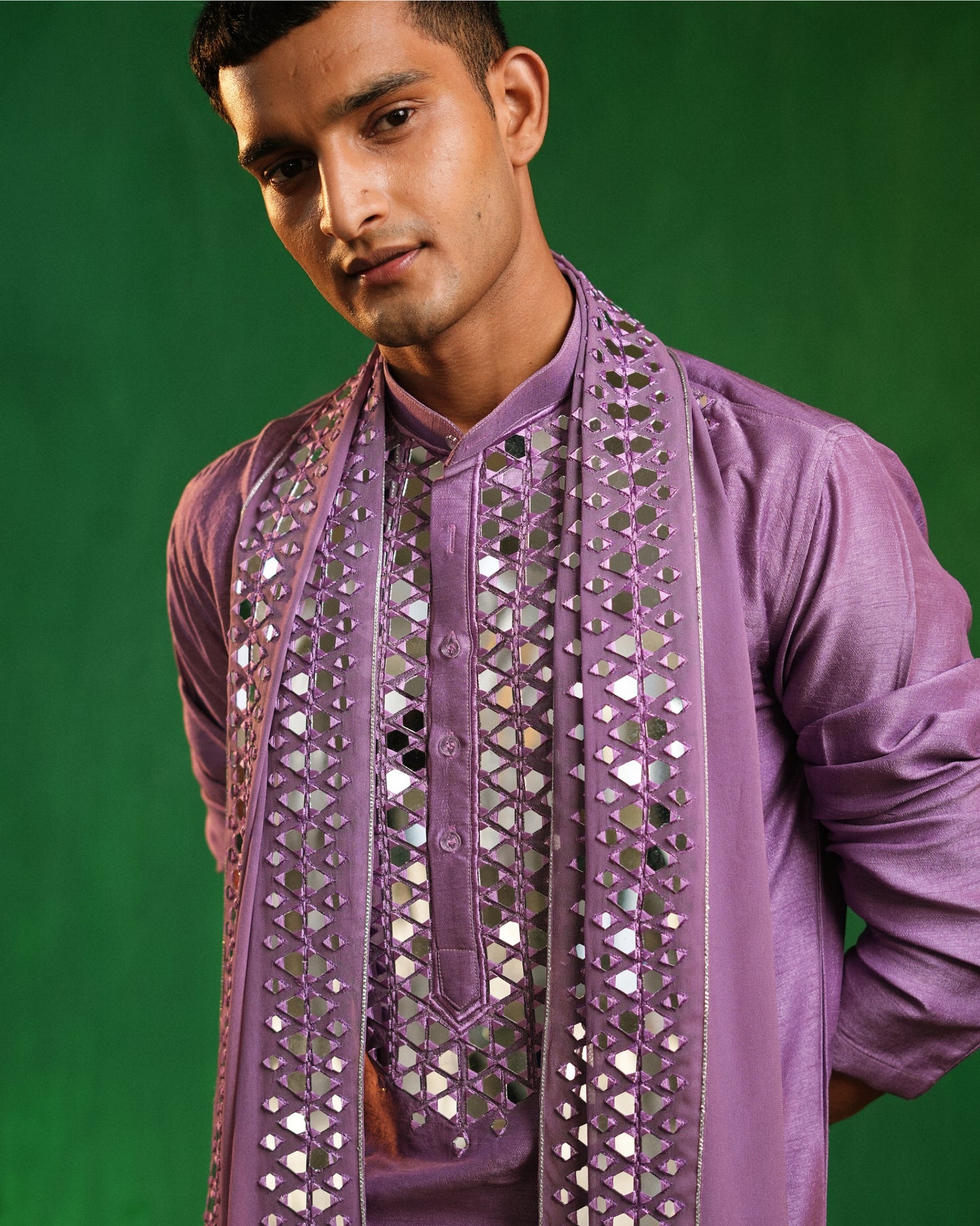 Lilac Mirror-Embroidered Heavy Kurta Set (Set of 3)