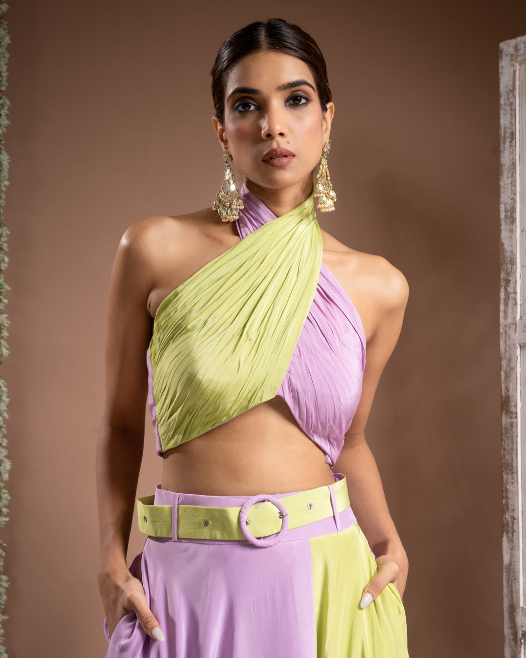 Green Lilac Indo Lehenga With Belt (Set of 2)