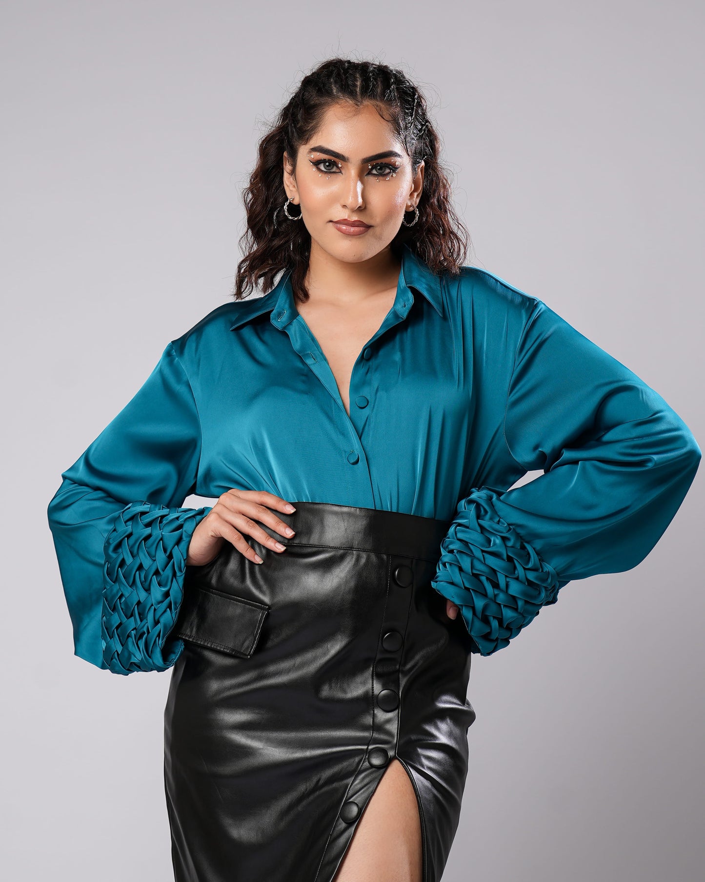 Jade - Teal Woven Shirt & Vegan Leather Skirt Co-Ord (SET OF 2)