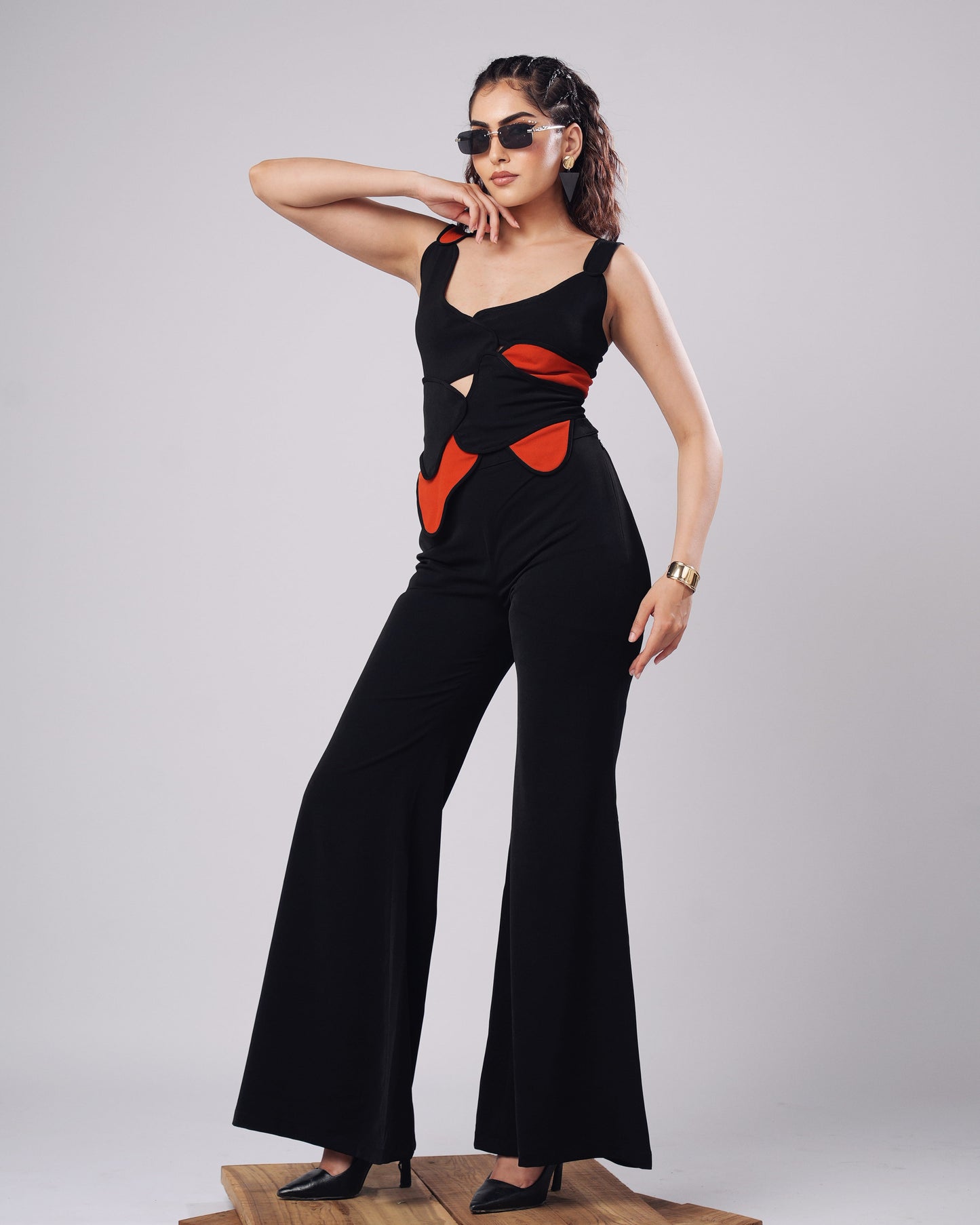 Helen - Black & Rust Sculpted Corset Top With Flared Trouser
