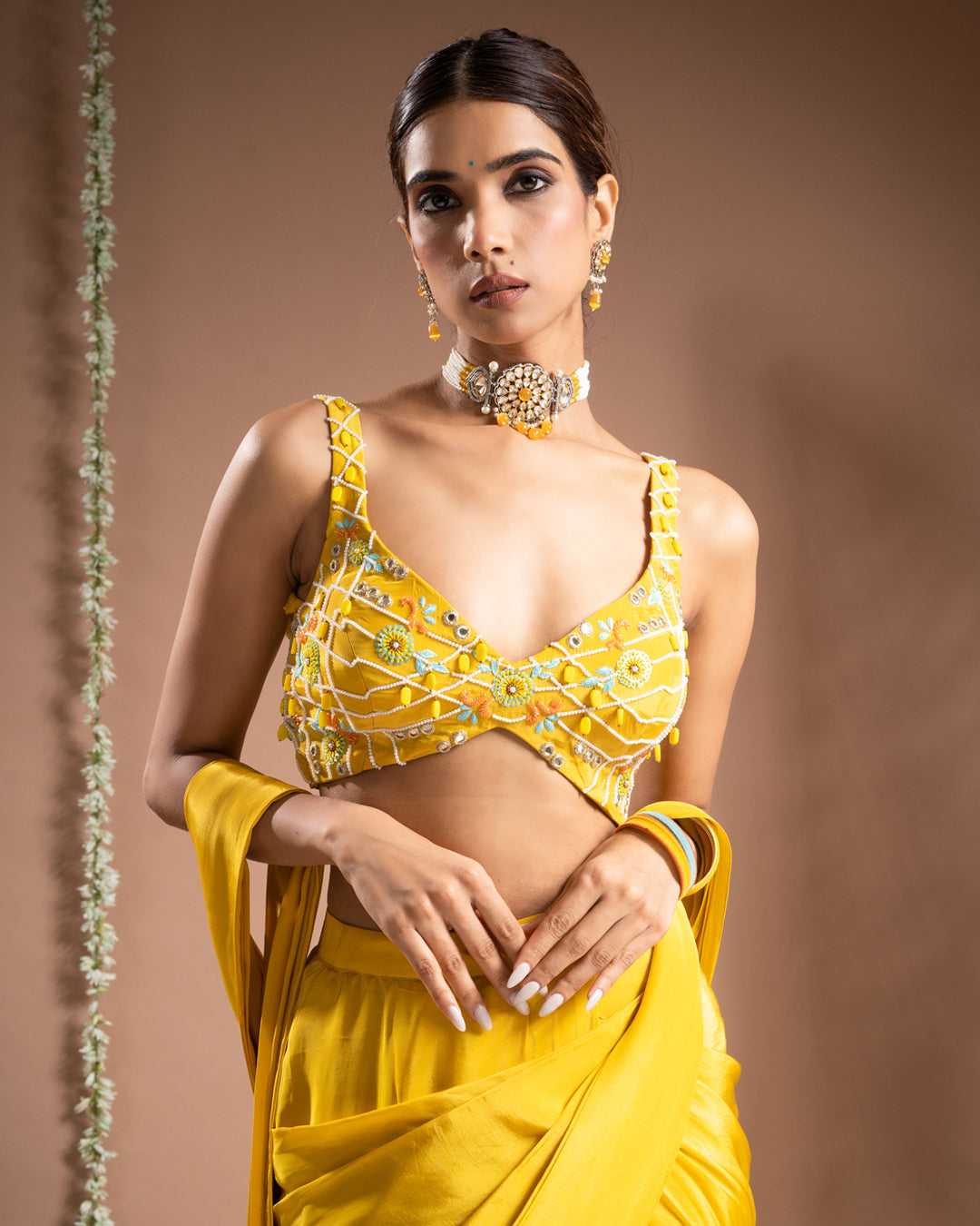 Canary Yellow Pre-Drape Saree Set (Set of 2)