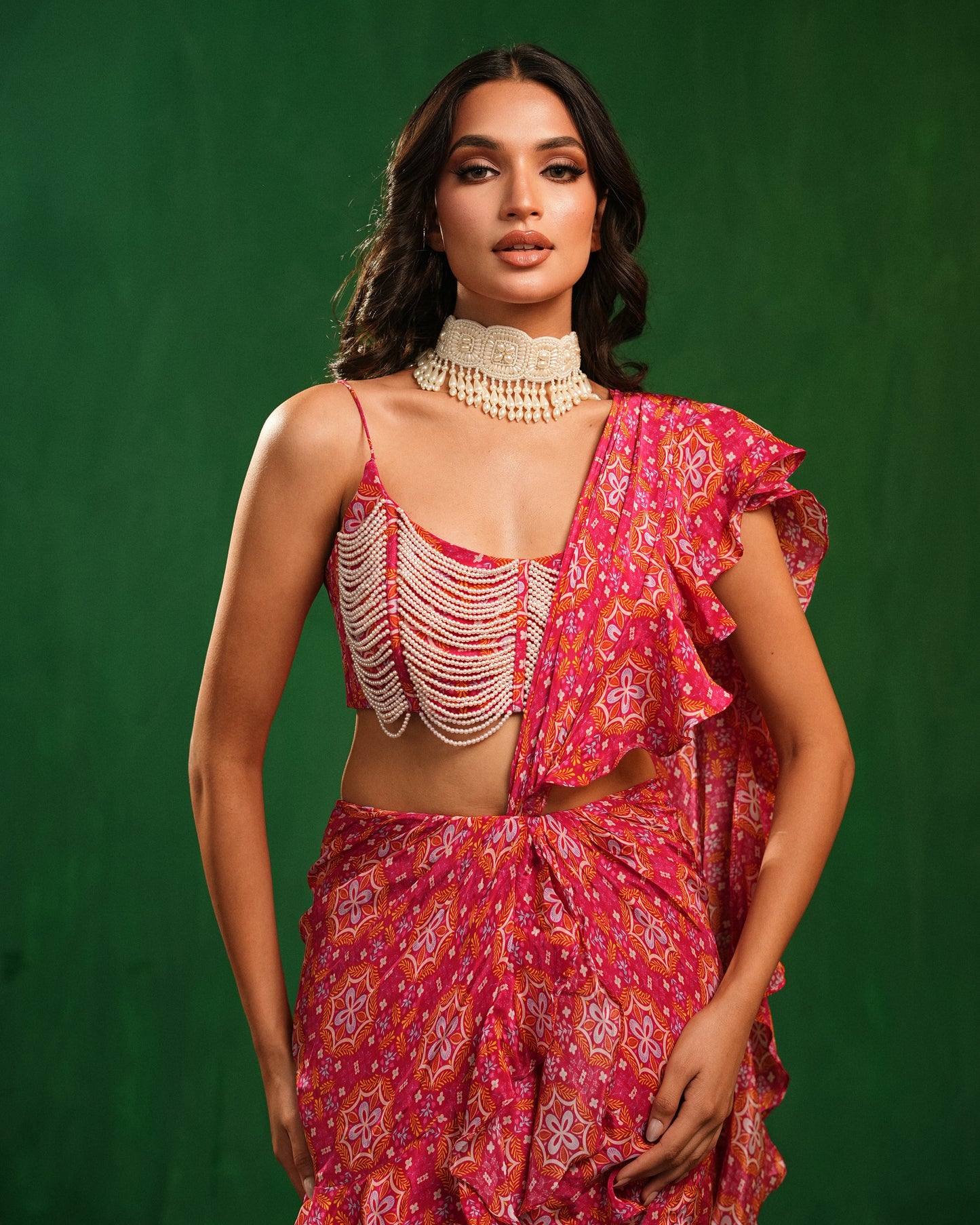 Fuchsia Mandla Digital Print Ruffle Pre Drape Saree Set (Set of 2)