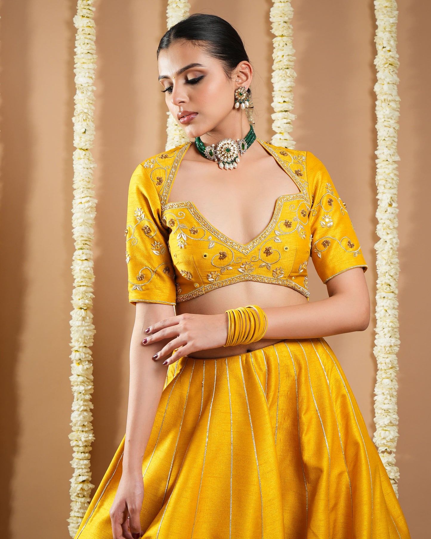 Mustard Yellow Heavy Slub Silk Lehenga Set (Set Of 3)