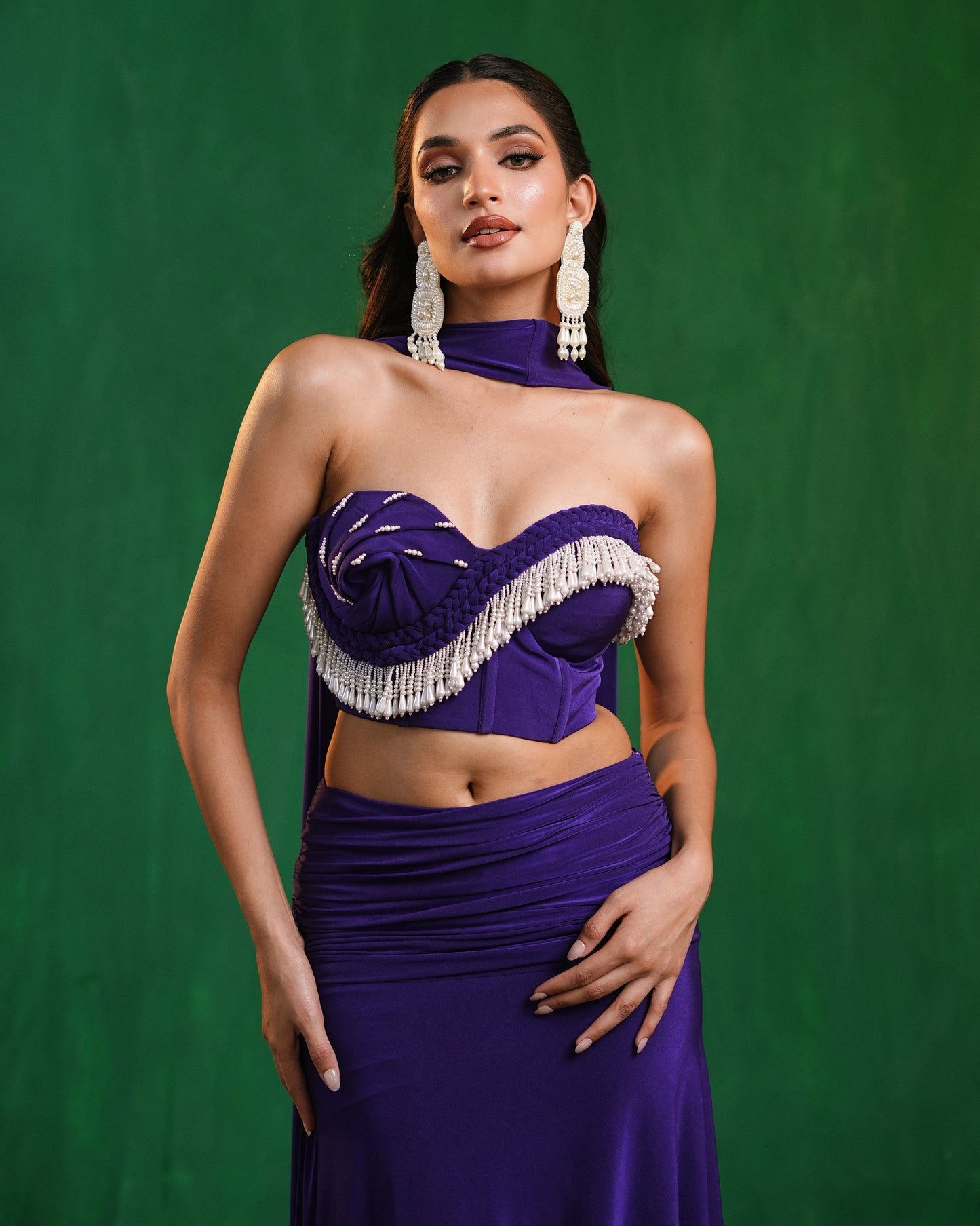 Royal Purple Drape Corset Indo Skirt Set  (Set of 3)