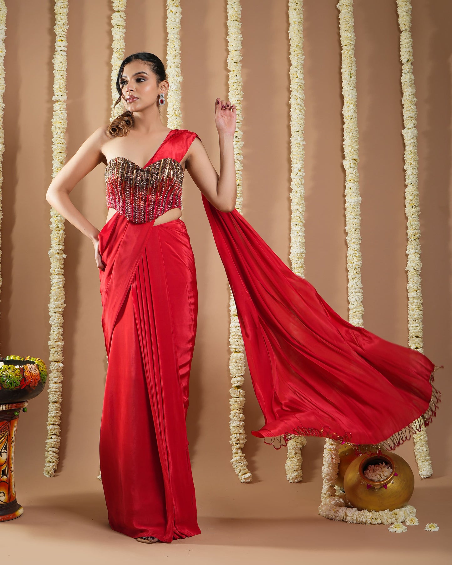 Hot Red Corset Draped Saree (Set Of 2)