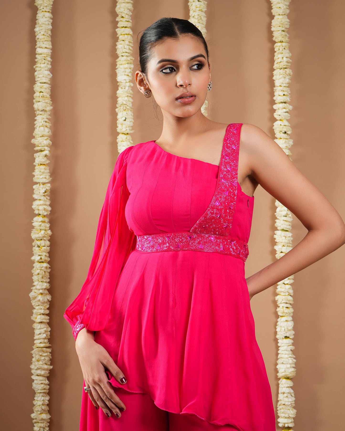 Hot Pink Georgette Short a-Line Kurti With Belt  (Set Of 3)