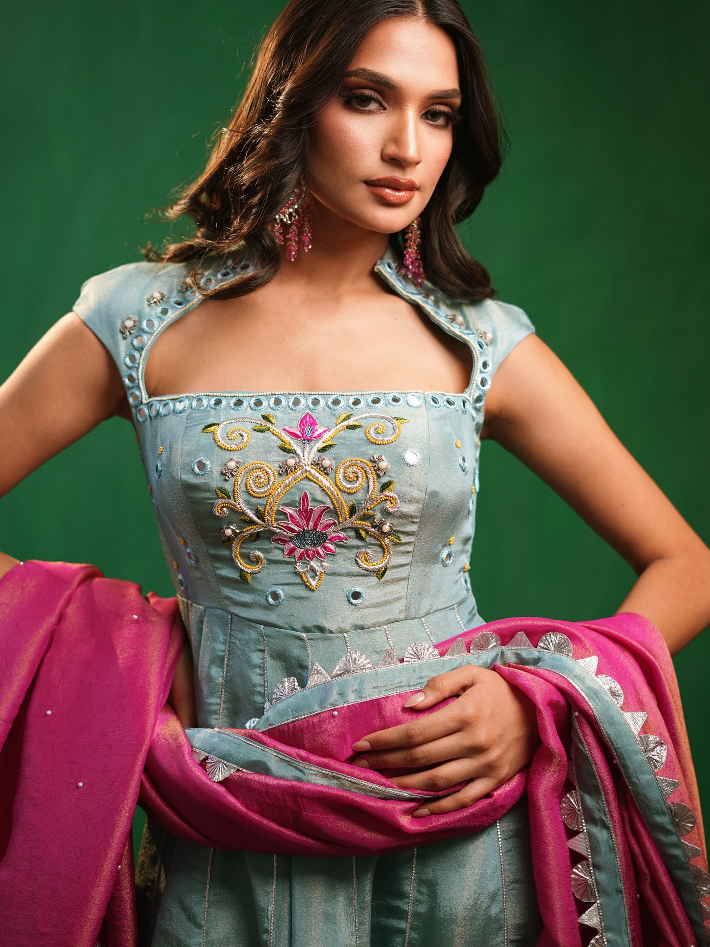 Aqua Blue Tissue Silk Heavy Anarkali Set  (Set of 3)