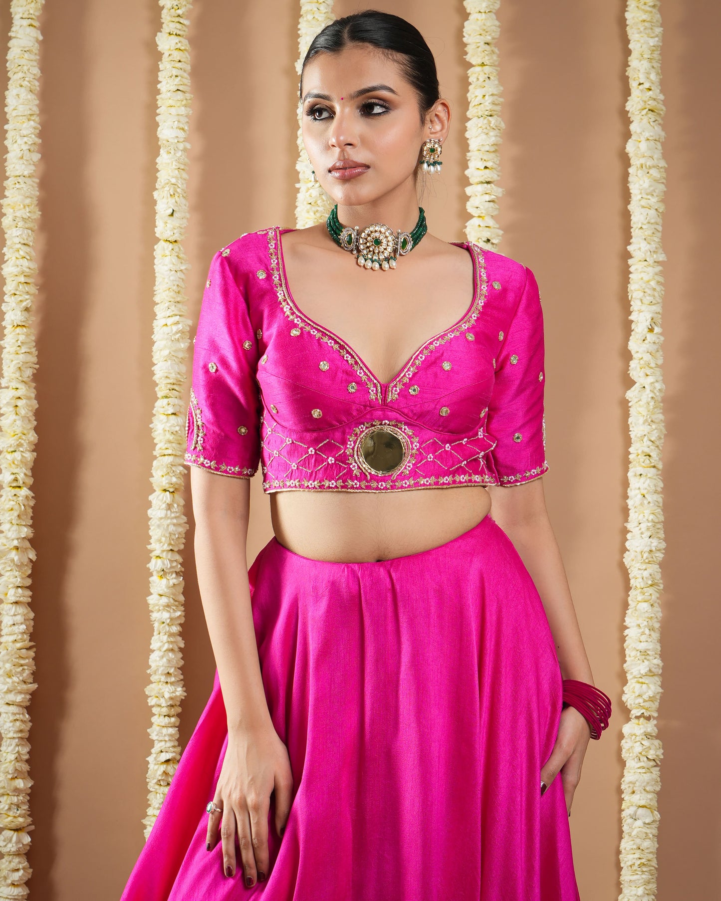 Hot Pink Silk Heavy Lehenga Set (Set Of 3)