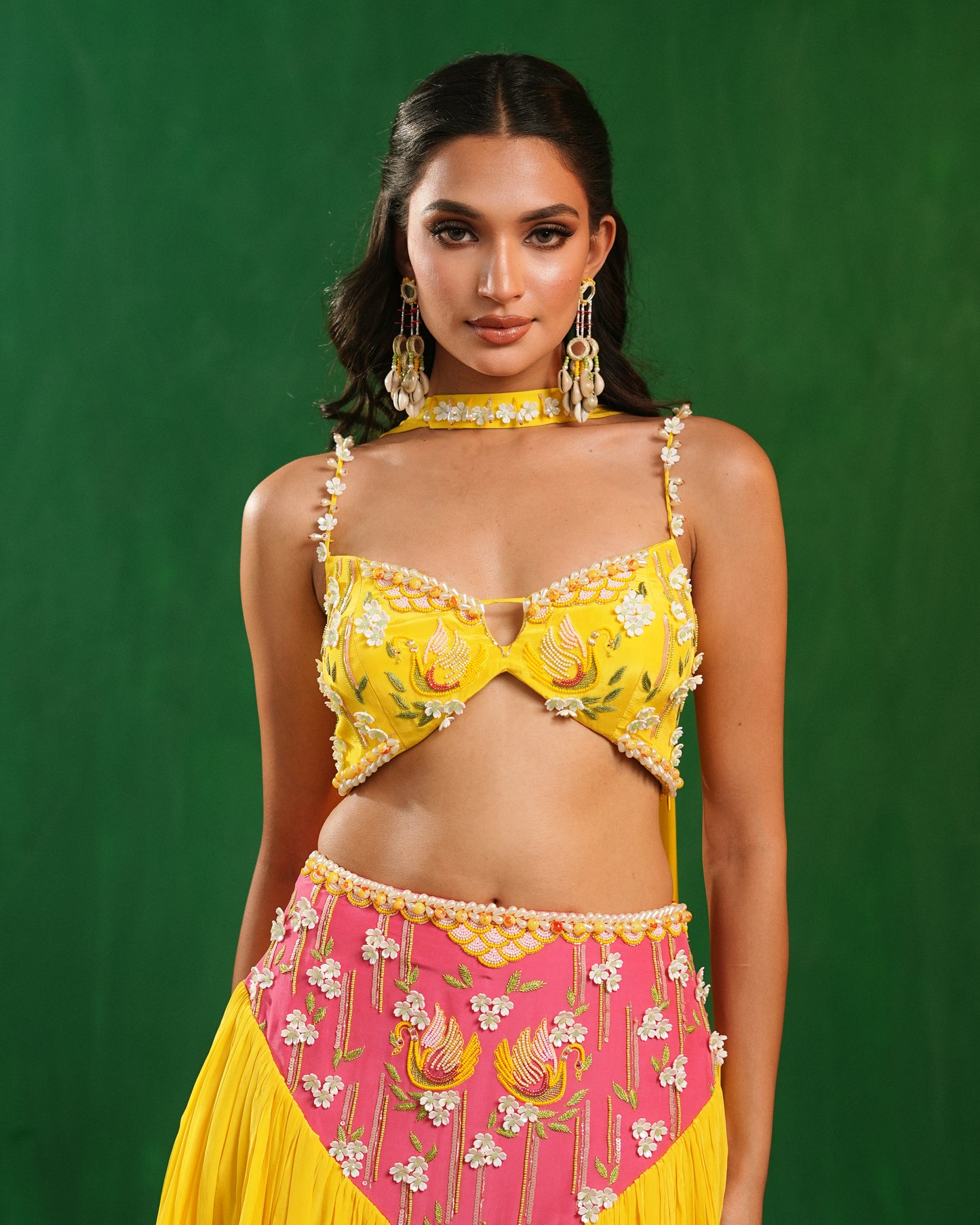 Yellow-Rose Pink Indo Lehenga Set (Set of 3)