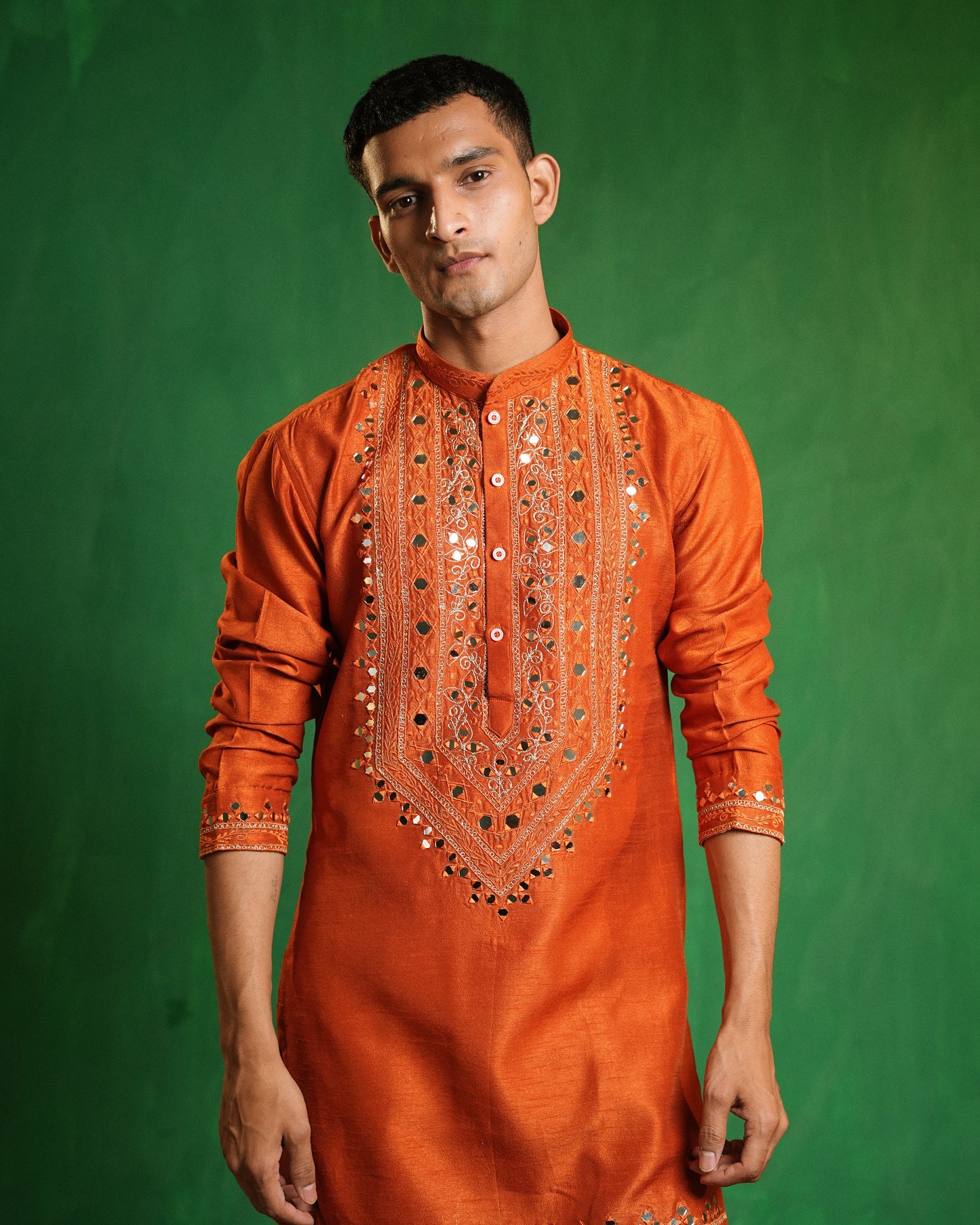 Rust Ember Mirror Work Embroidered Kurta Set (Set of 3)
