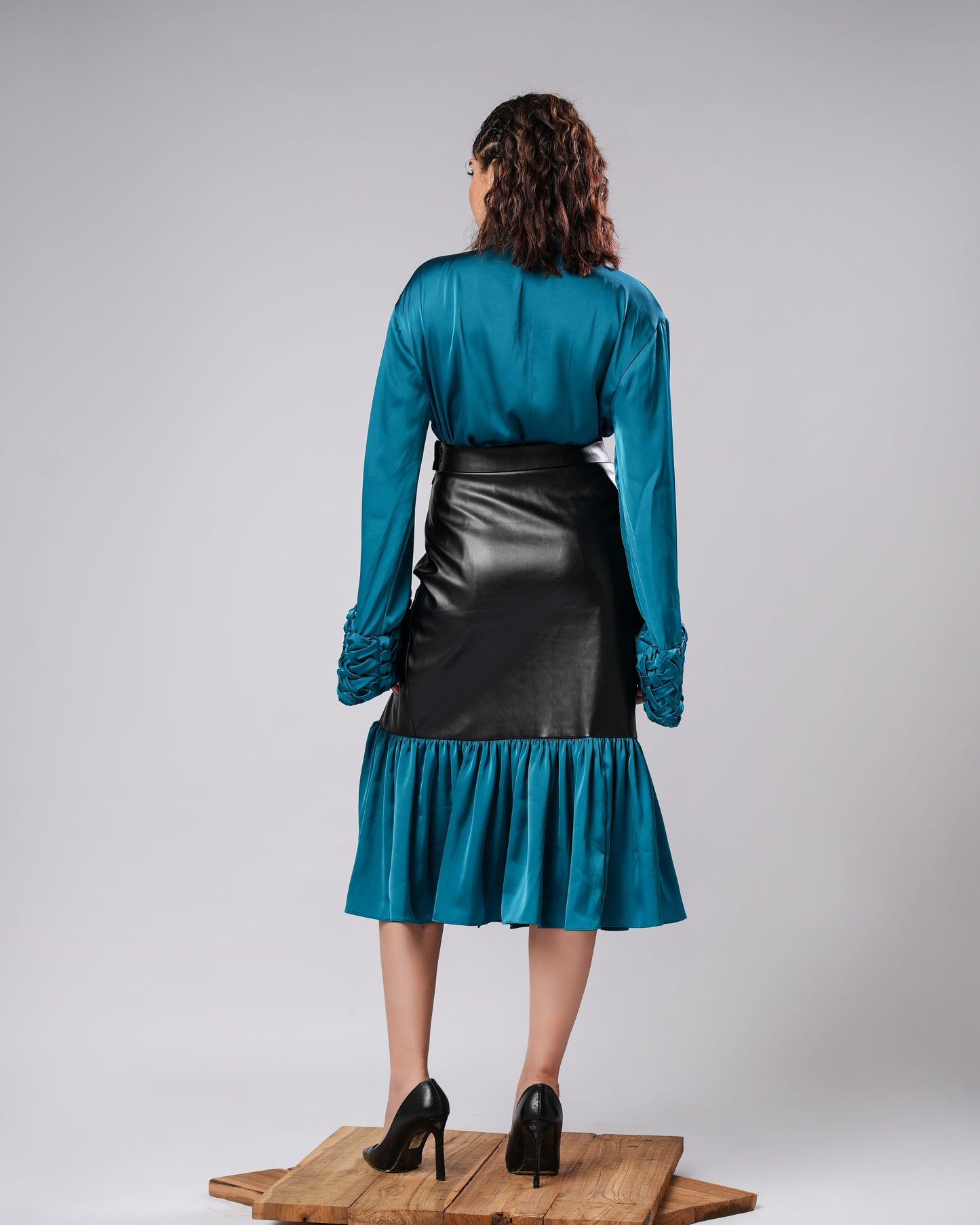 Jade - Teal Woven Shirt & Vegan Leather Skirt Co-Ord (SET OF 2)