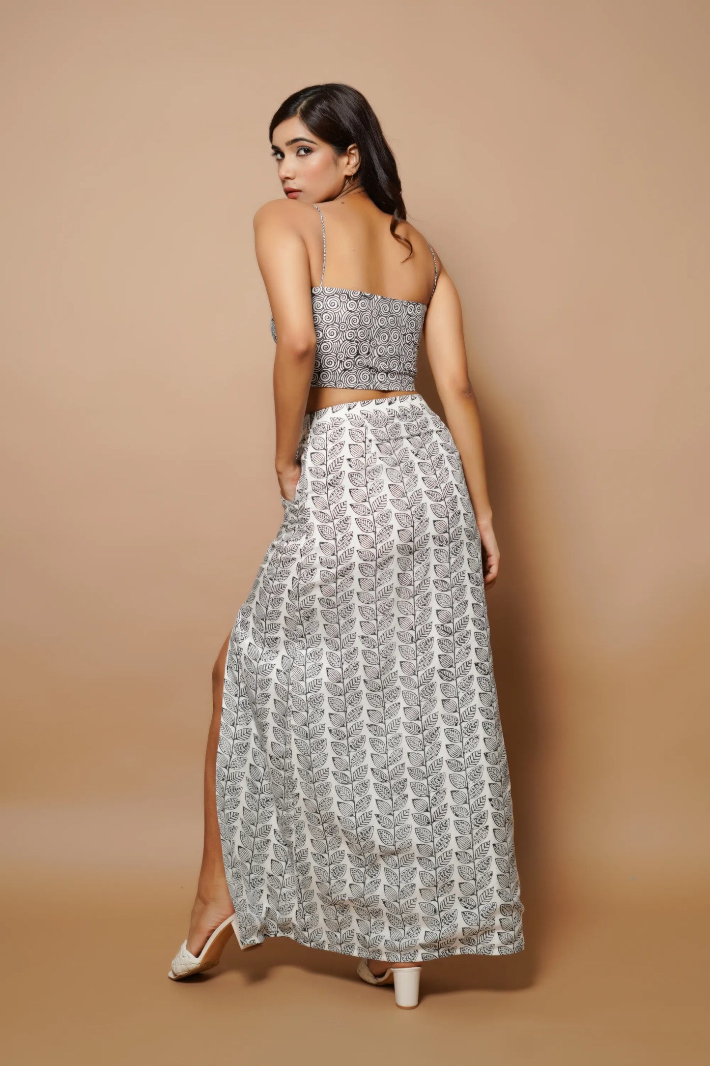 Black and white Block printed long skirt co-ord