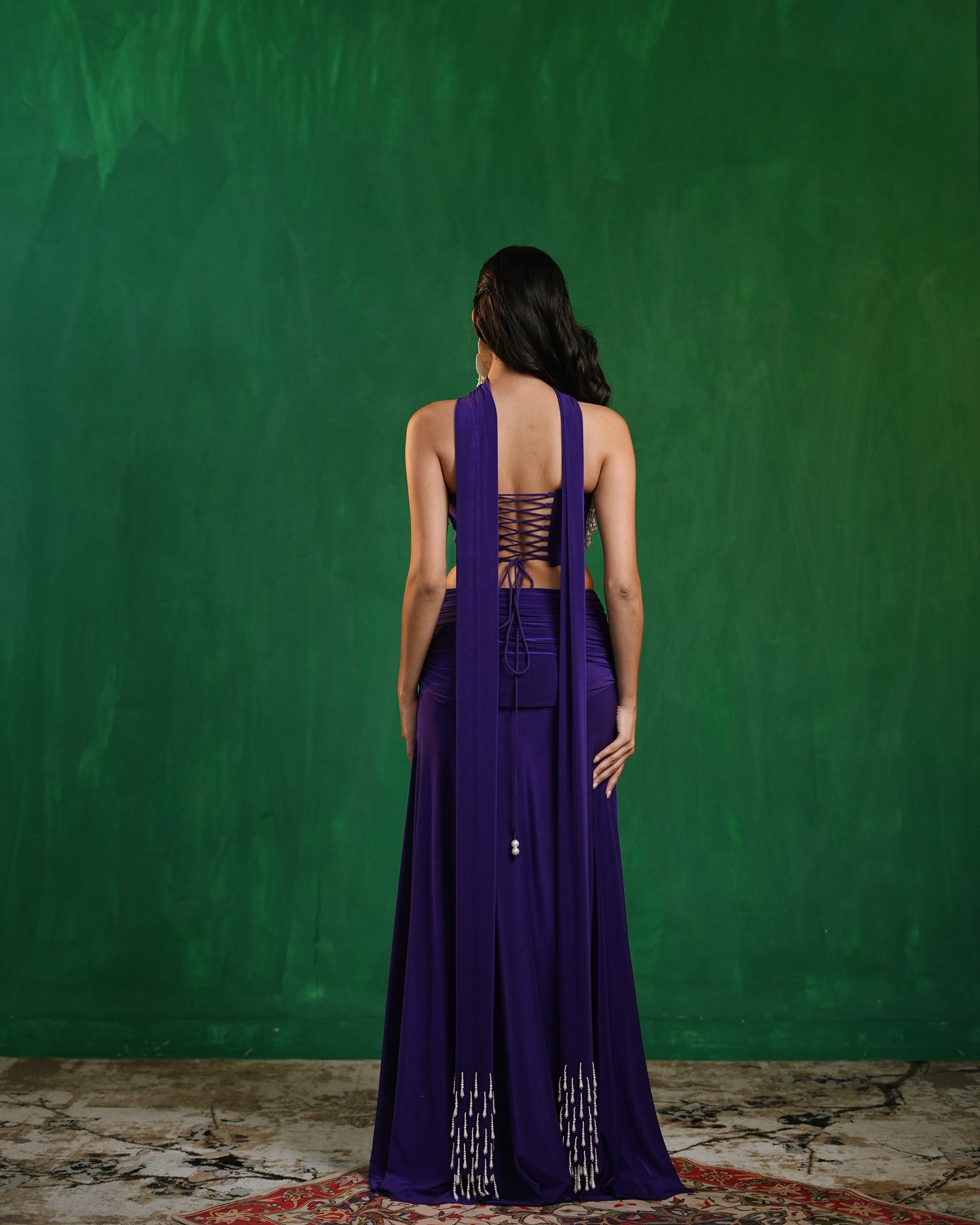 Royal Purple Drape Corset Indo Skirt Set  (Set of 3)