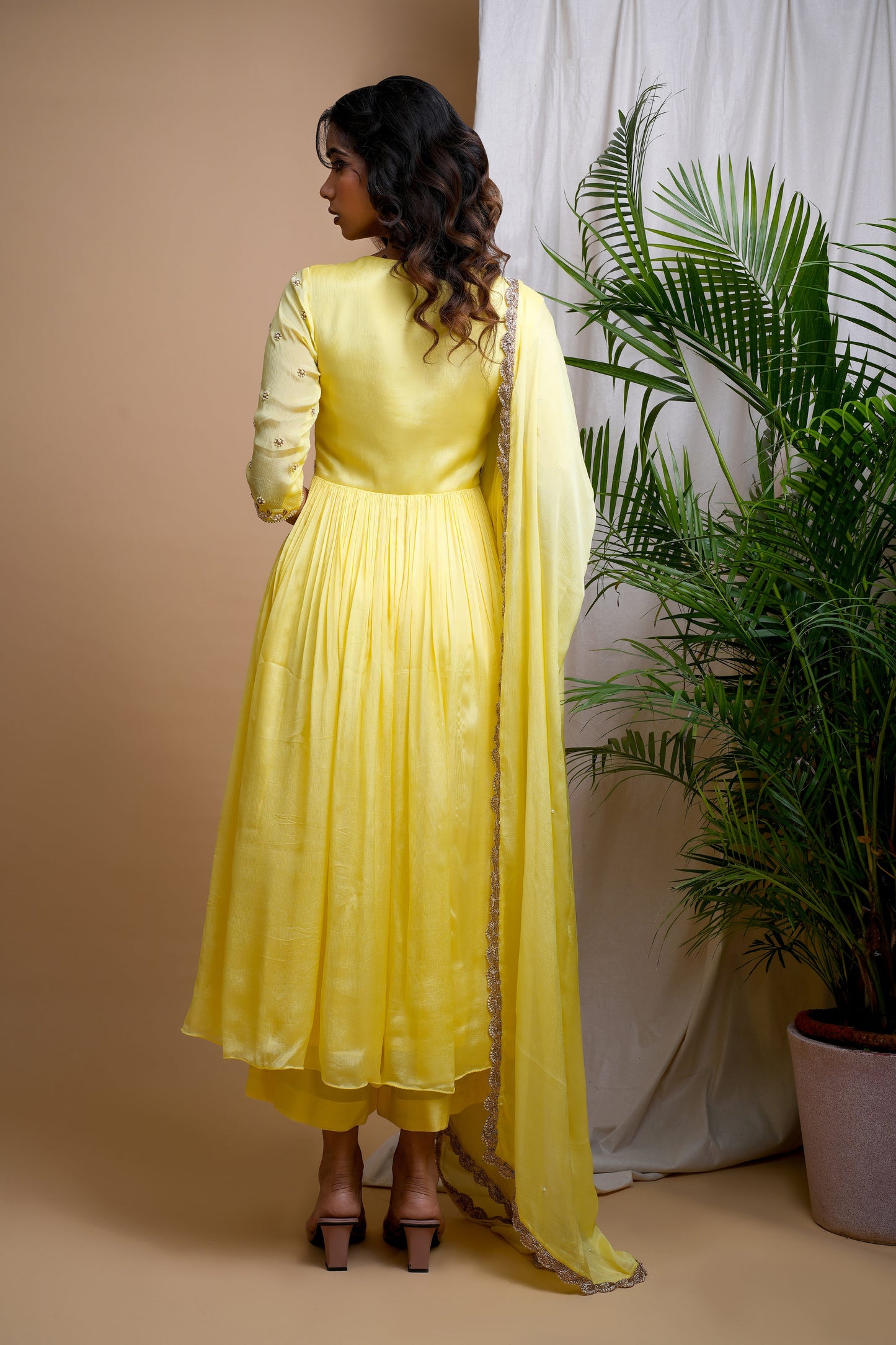 YELLOW CHIFFON ANARKALI SET (SET OF 3)