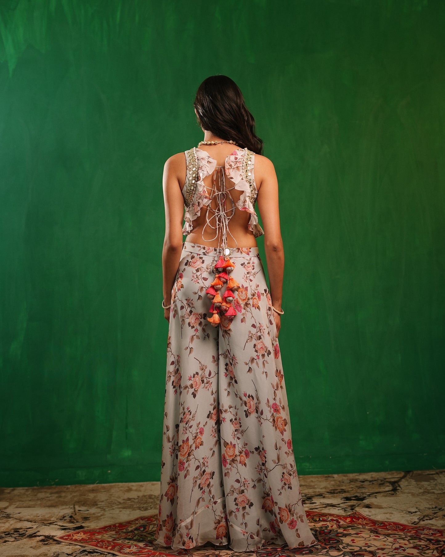 Sky Blue Floral Printed Backless Indo Set  (Set of 2)
