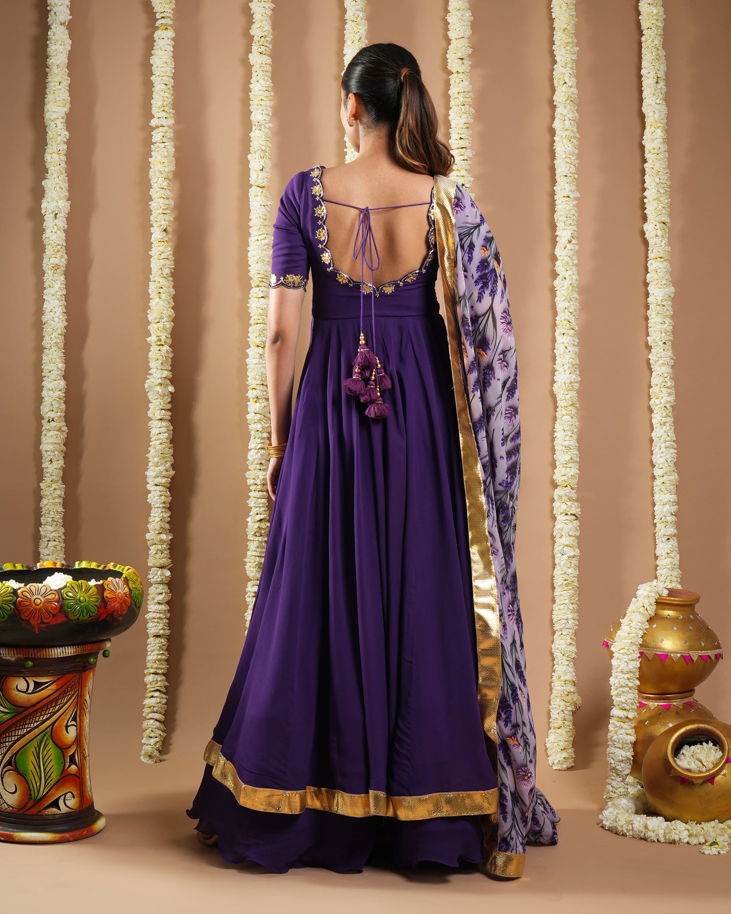 Dark Purple Georgette Anarkali Set (Set Of 3)