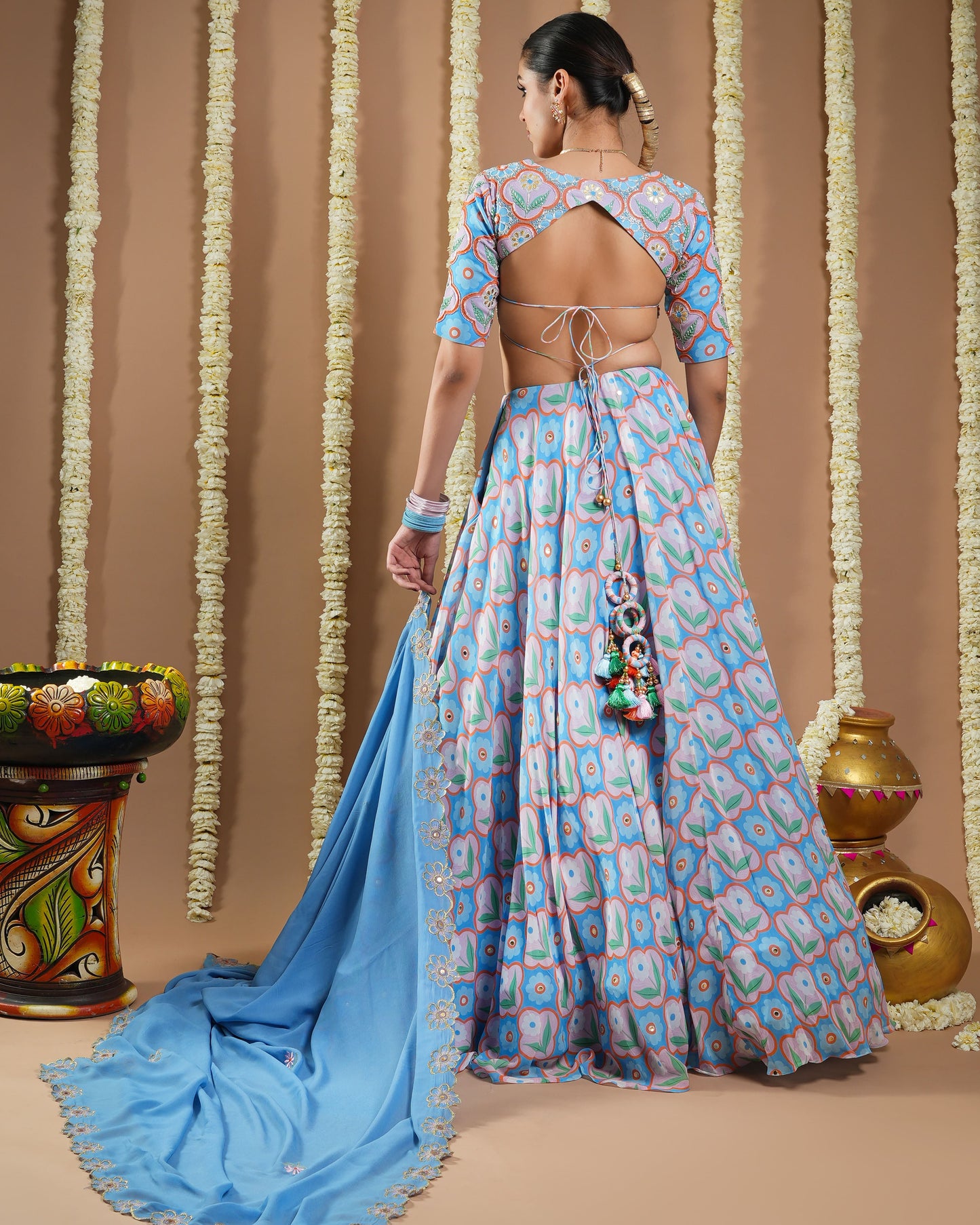 Endless Sky Blue Printed Lehenga Set (Set Of 3)