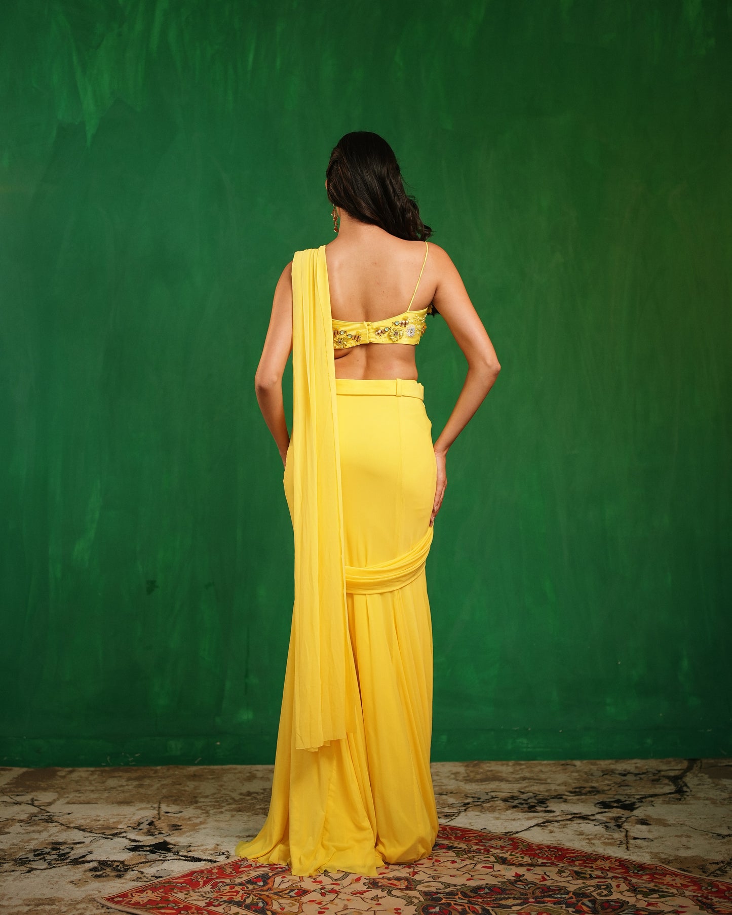 Sunshine Yellow Pre Drape Saree  Set  (Set of 2)