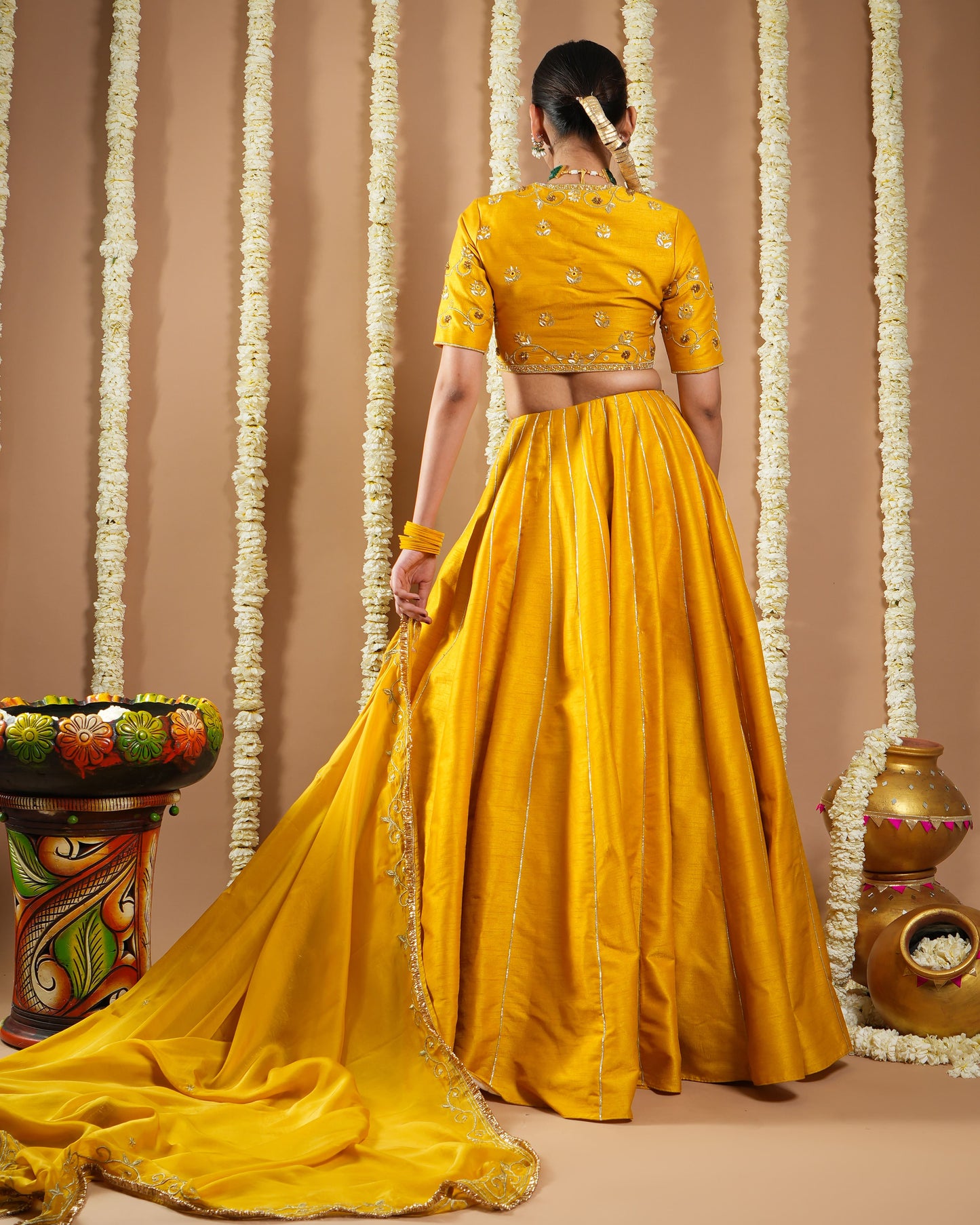 Mustard Yellow Heavy Slub Silk Lehenga Set (Set Of 3)