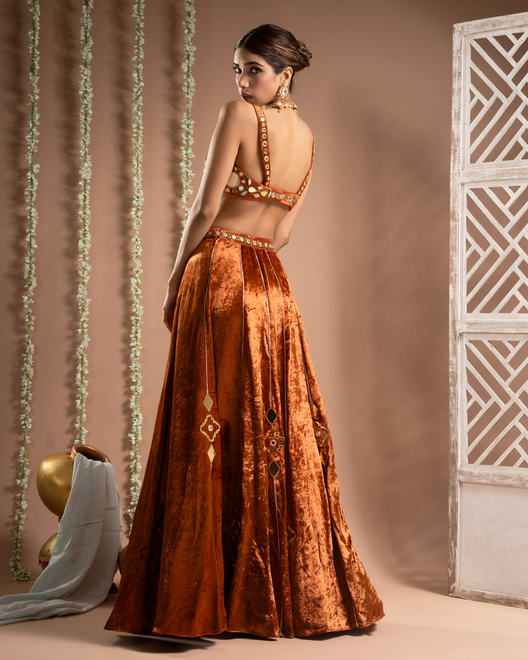 Rust Orange Velvet Indo Lehenga Set (Set of 2)