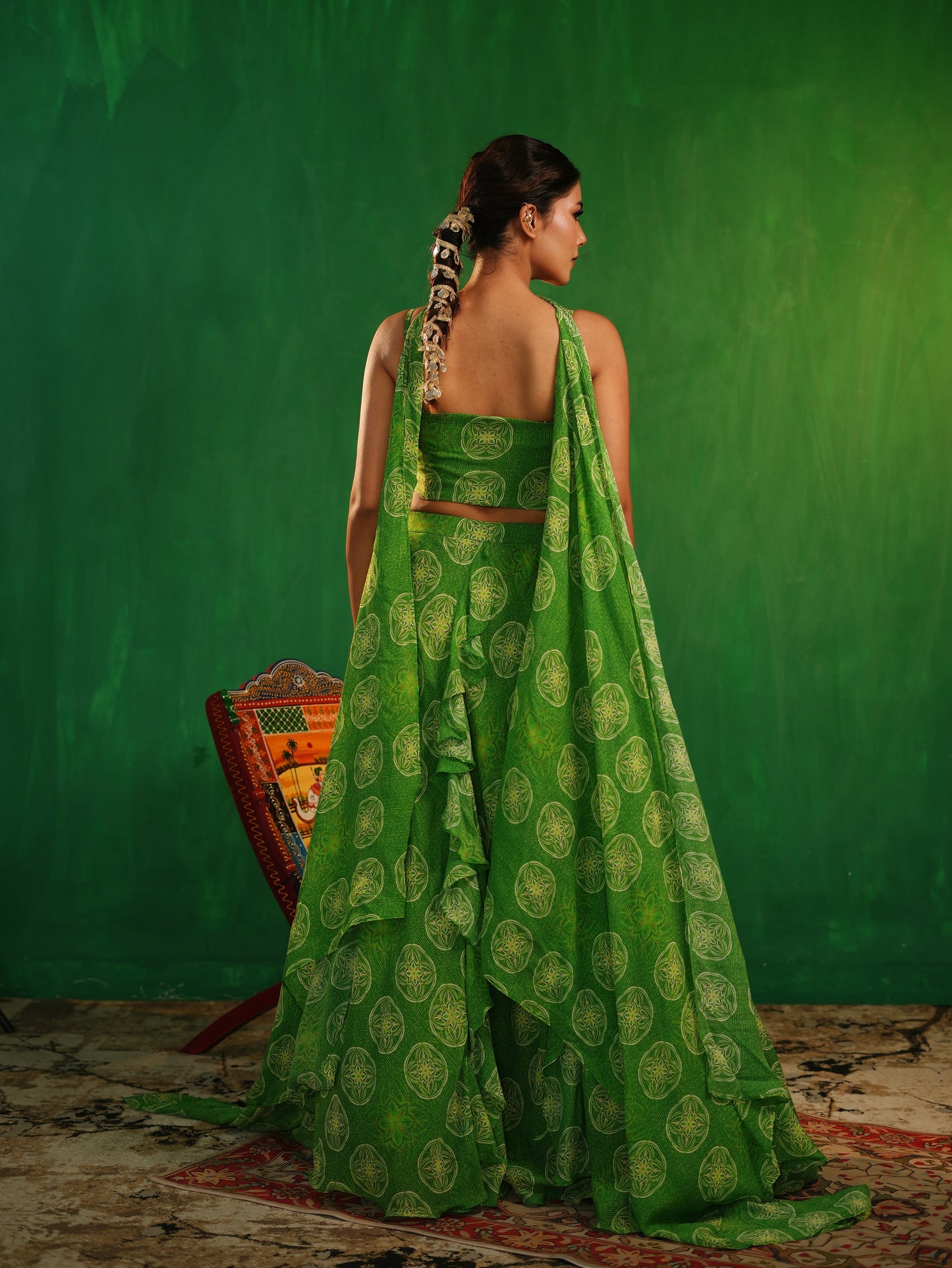 Lime Green Ruffle Lehenga Set (Set of 3)
