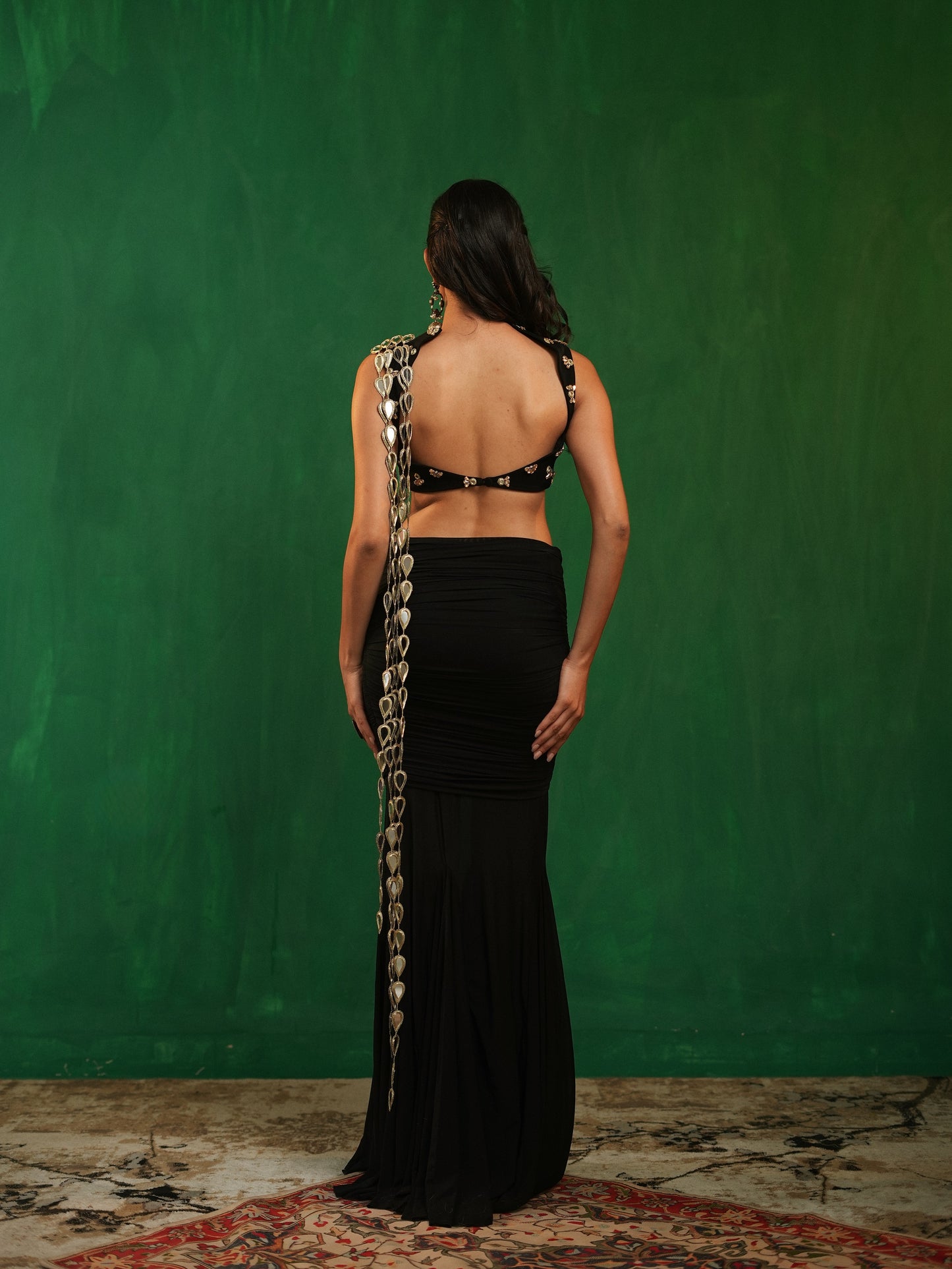 Black Heavy Mirror Draped Indo Saree Set (Set of 2)
