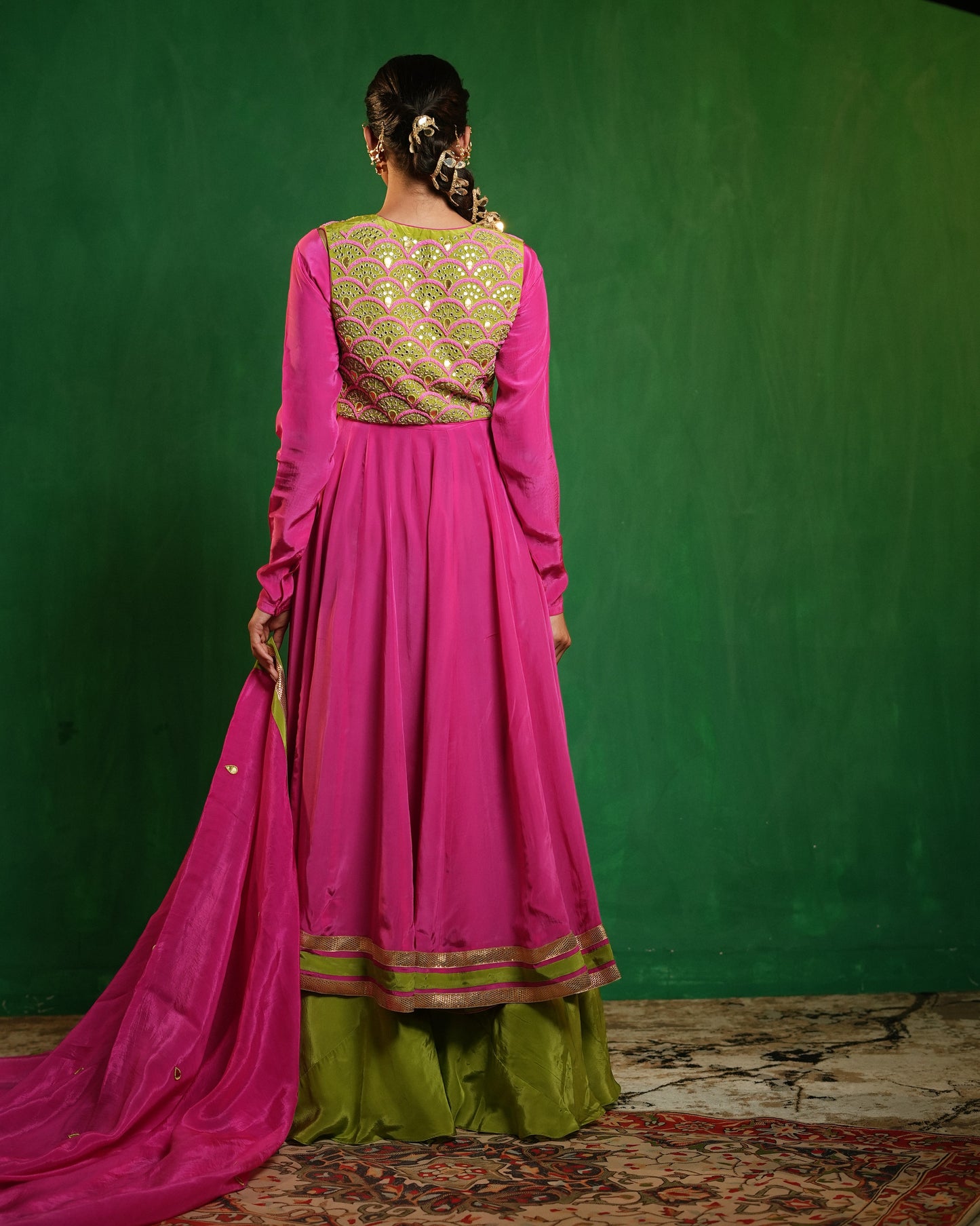 Fuschia Pink - Lime Green Heavy Anarkali Set (Set of 4)