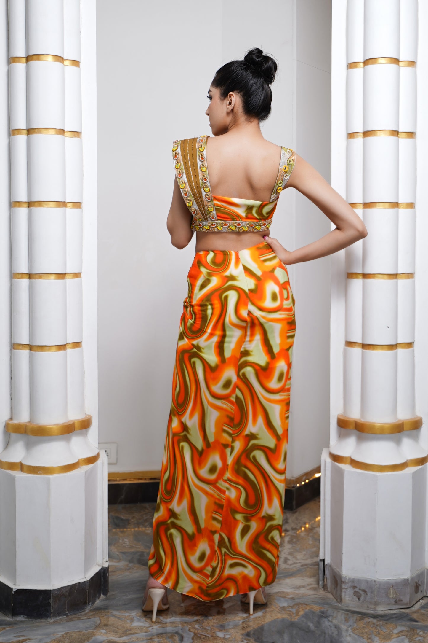 ORANGE MULTICOLOR ABSTRACT DRAPE SKIRT SET (SET OF 2)