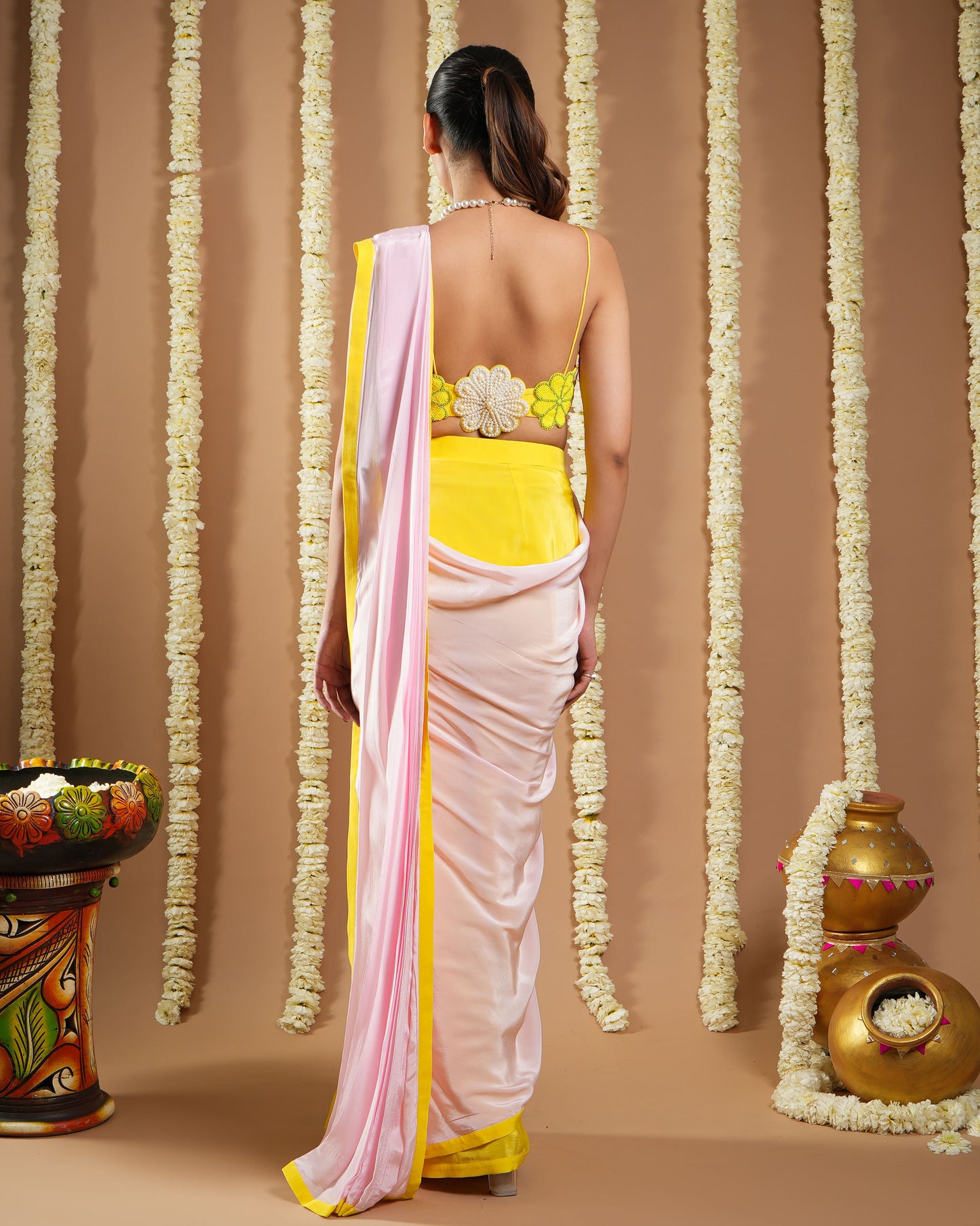 Yellow / Pink Flower Applique Pre Draped Saree (Set Of 2)