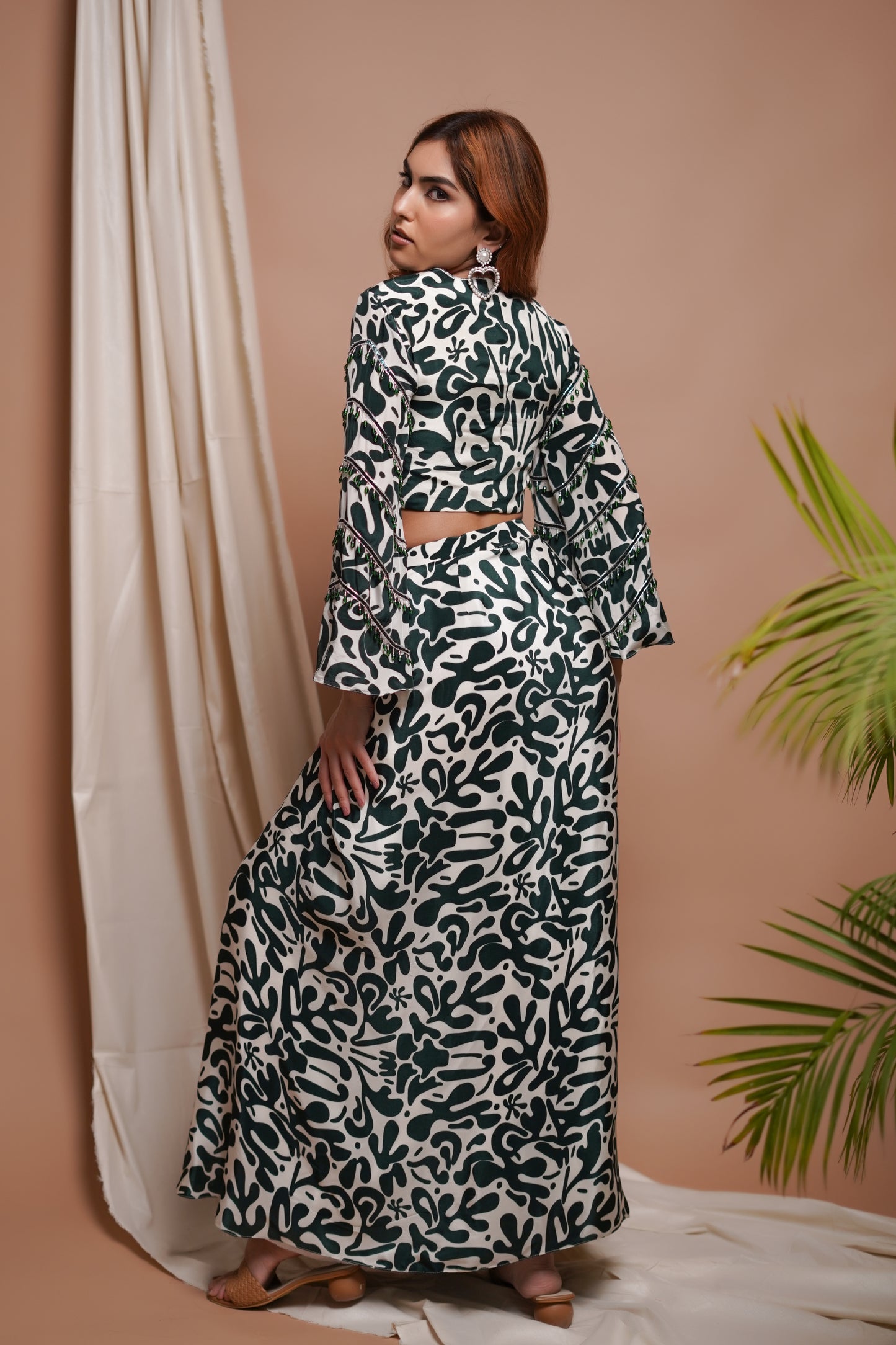 WHITE-GREEN DIGITAL PRINTED  DRAPE  SKIRT SET (SET OF 2)