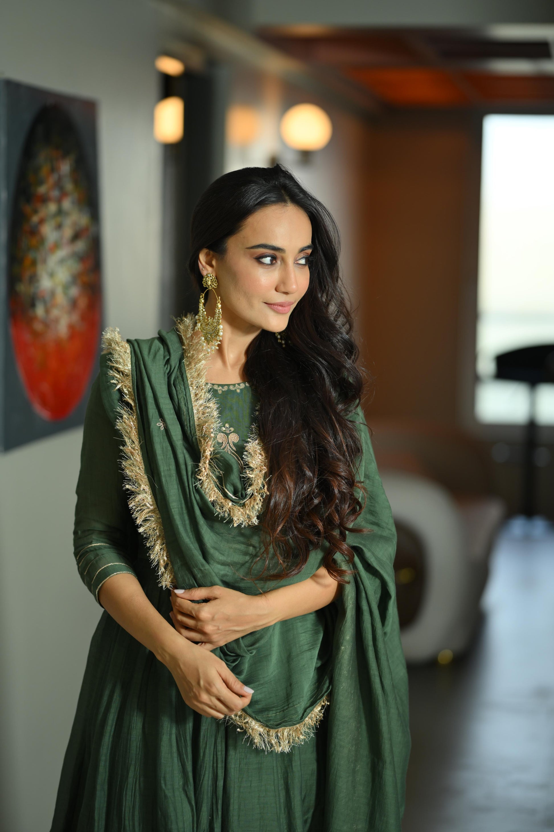 Mehendi Green Chanderi Silk Anarkali Suit Set (Set of 3) ahiclothing Mehendi Green Chanderi Silk Anarkali Suit Set (Set of 3) ahiclothing