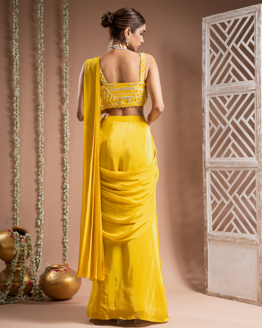 Canary Yellow Pre-Drape Saree Set (Set of 2)