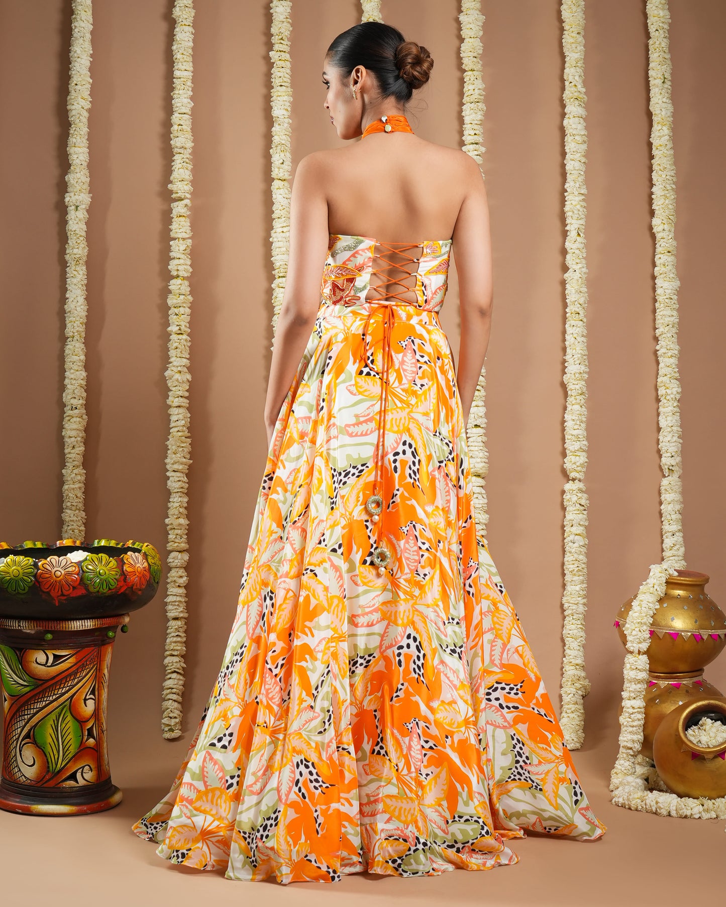 Forest Orange  Printed Corset Drape Indo Lehenga Set (Set Of 2)