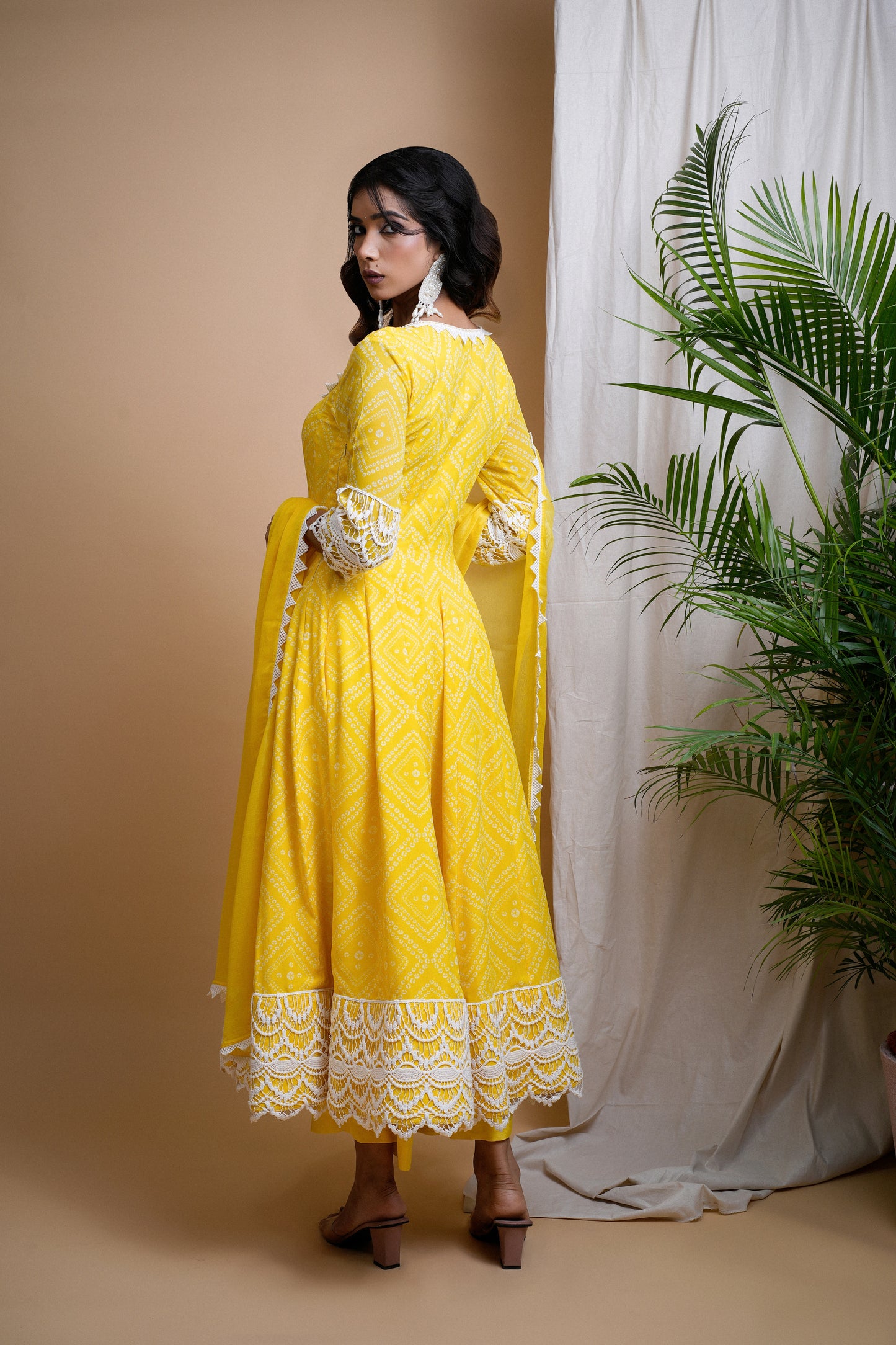 YELLOW BANDHANI DIGITAL PRINT ANARKALI SET (SET OF 3)