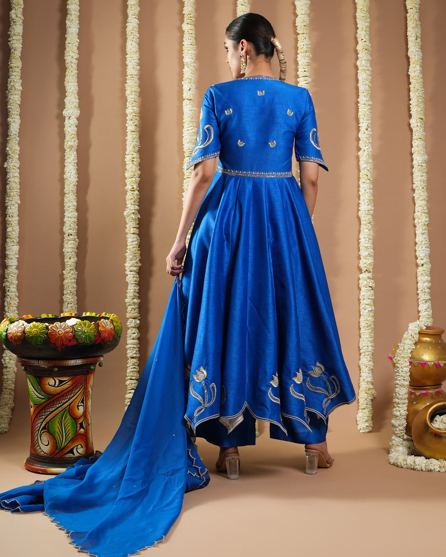 Royal Blue Silk Cutwork Anarkali Set (Set Of 3)