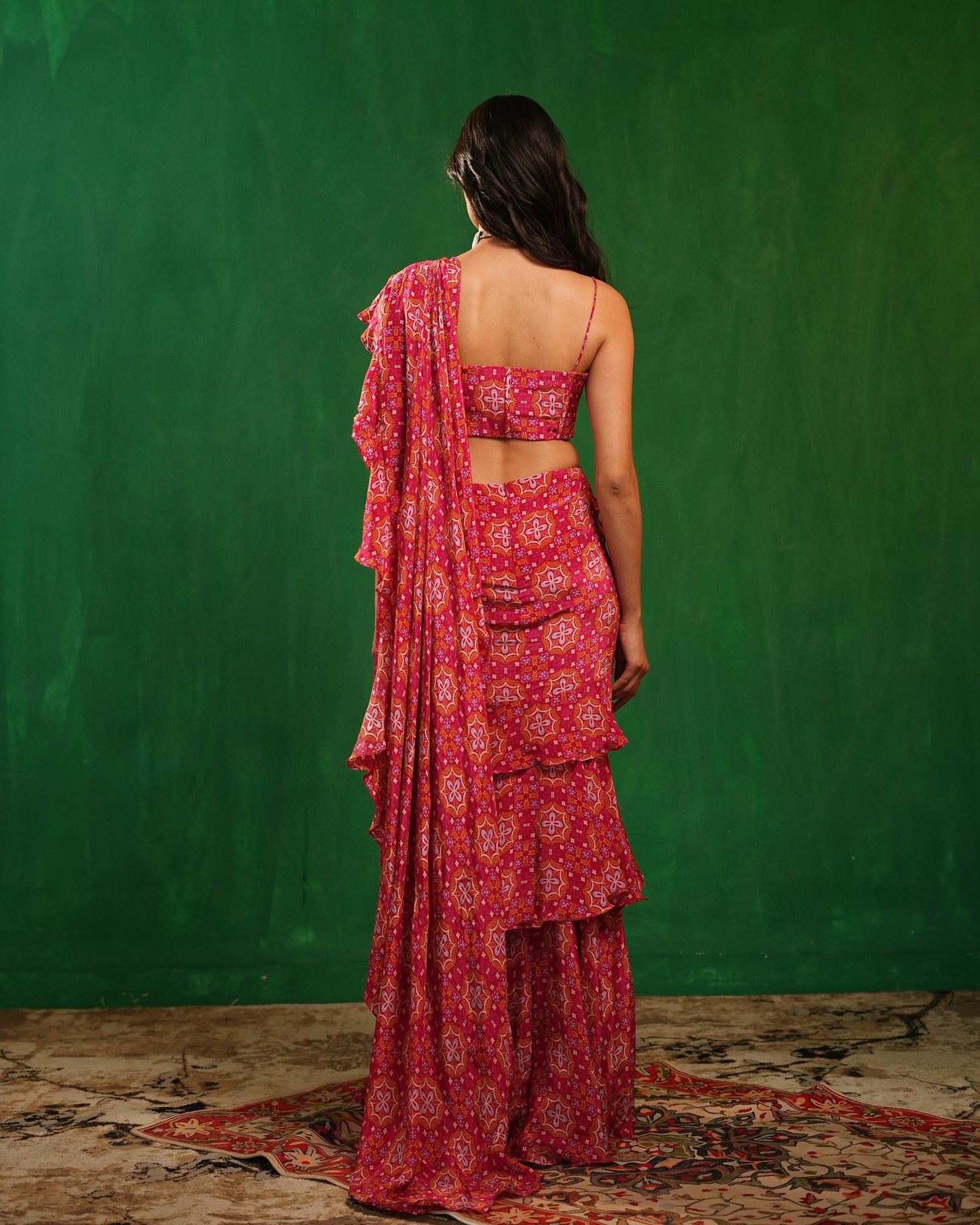 Fuchsia Mandla Digital Print Ruffle Pre Drape Saree Set (Set of 2)