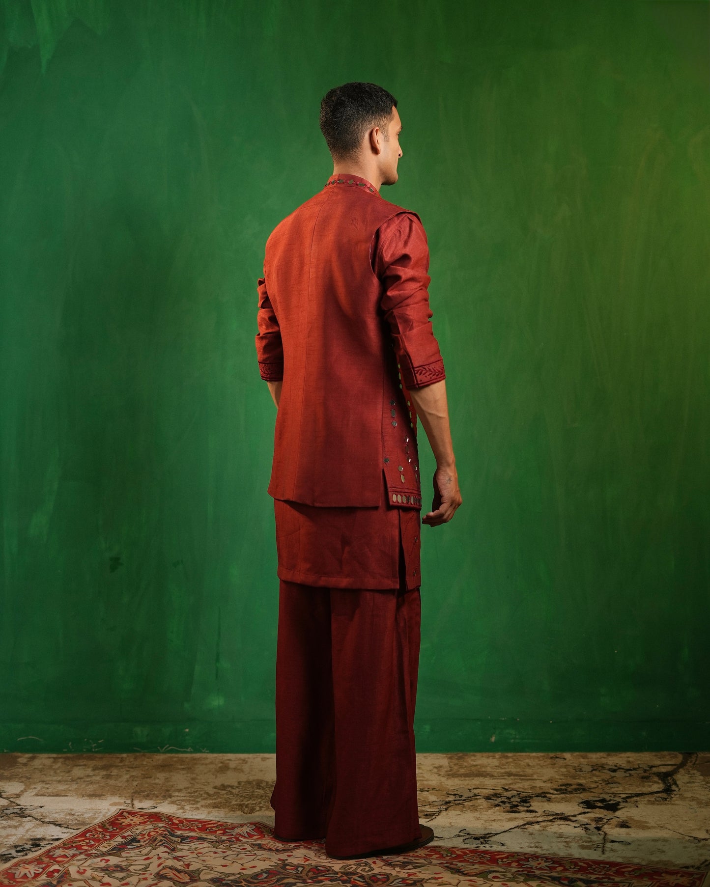 Deep Maroon Embellished Kurta Jacket Set (Set of 3)