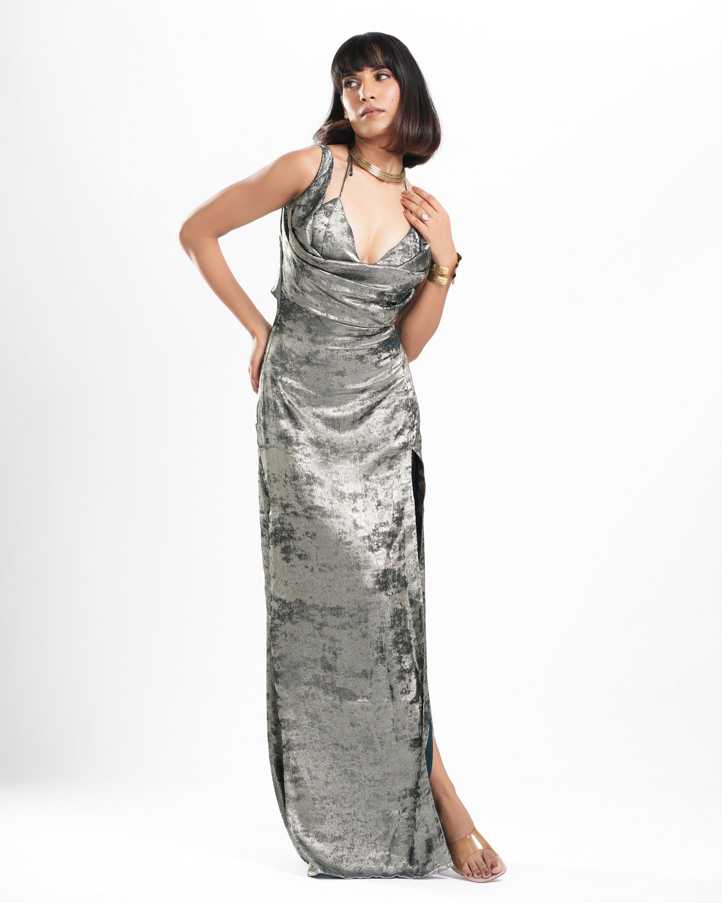 Lulu - Green Shimmer Long Dress Set ( Set of 2 )