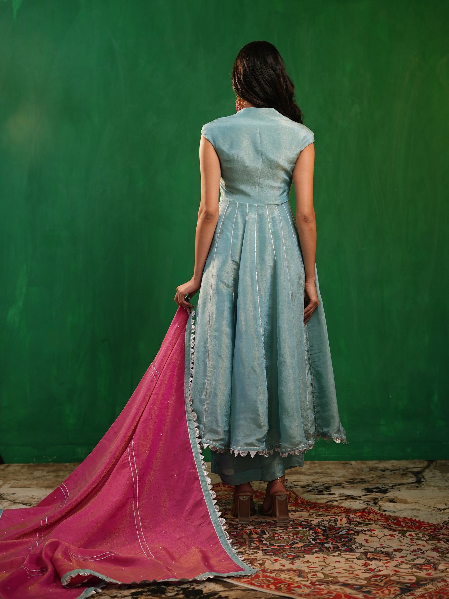 Aqua Blue Tissue Silk Heavy Anarkali Set  (Set of 3)