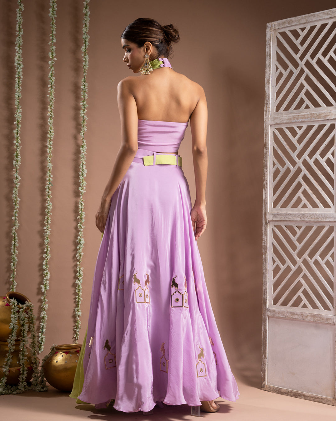 Green Lilac Indo Lehenga With Belt (Set of 2)