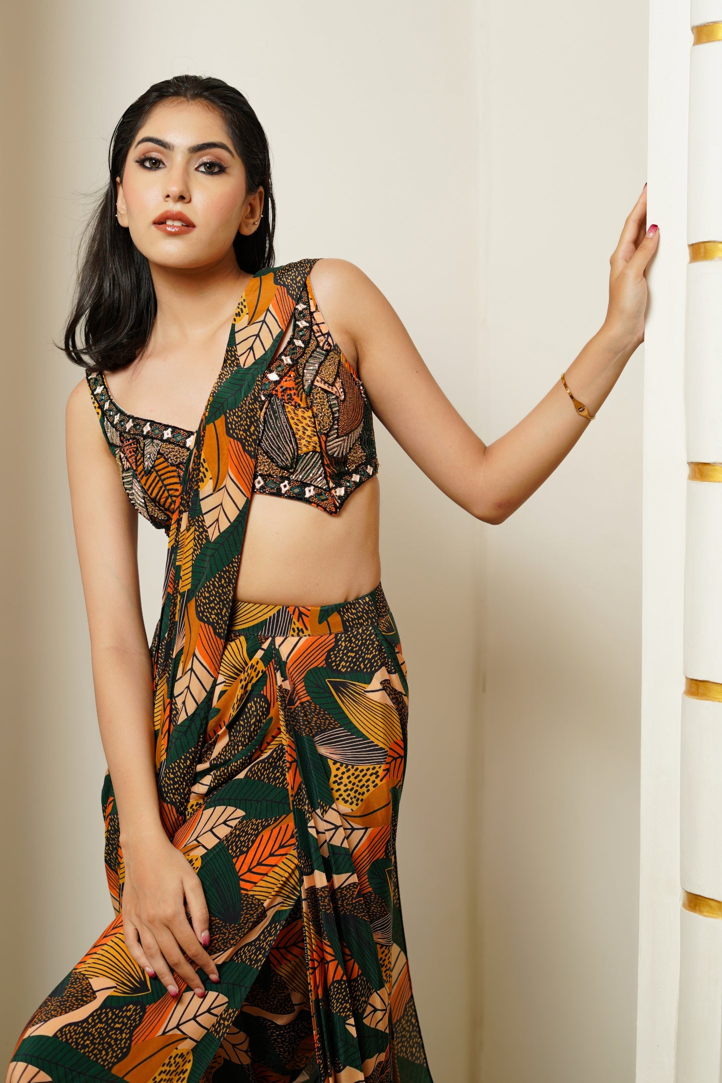 LEAF PRINT DRAPE SAREE WITH BRALETTE (SET OF 2)