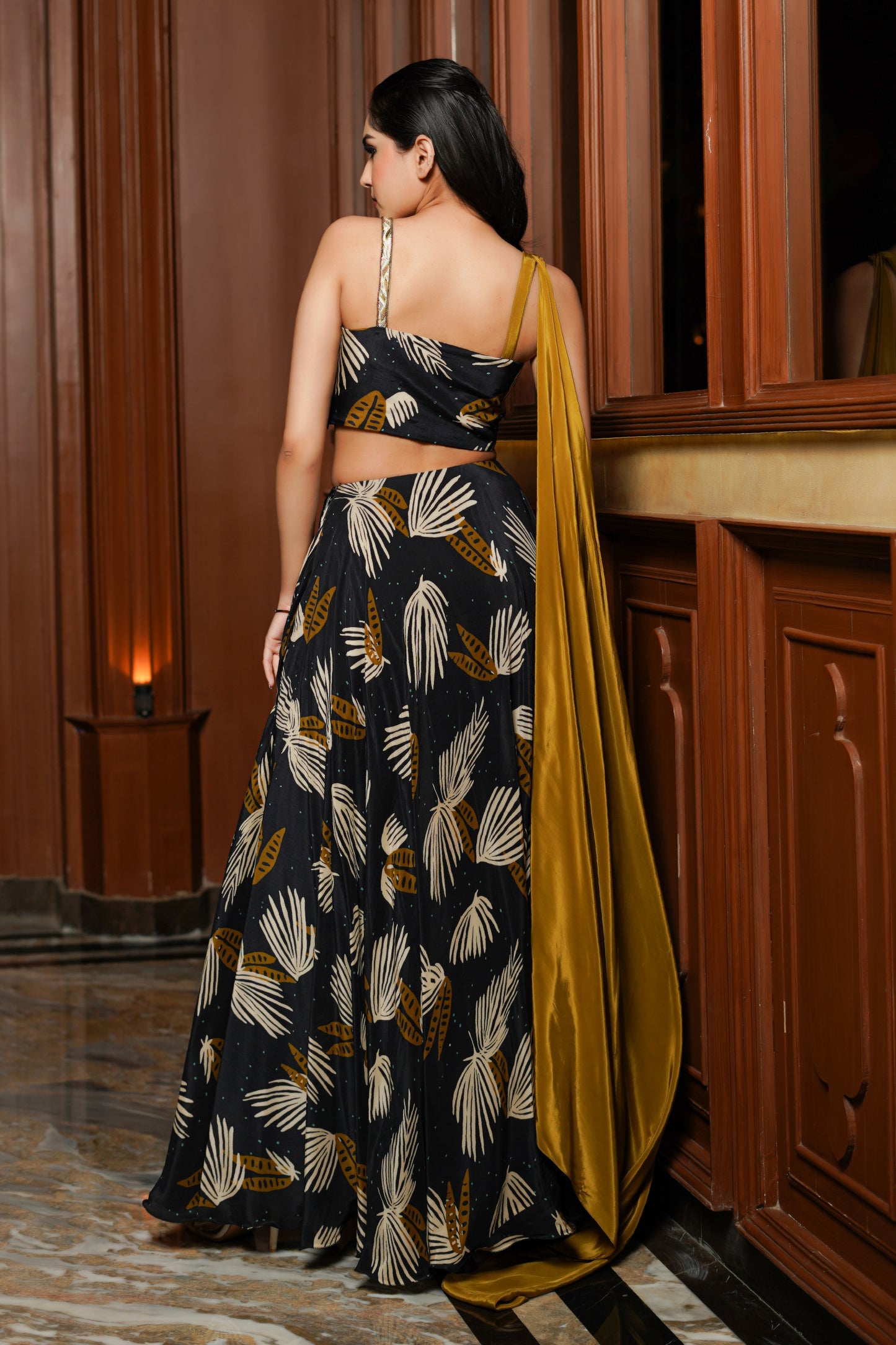 BLACK ABSTRACT LONG INDO LEHENGA DRESS