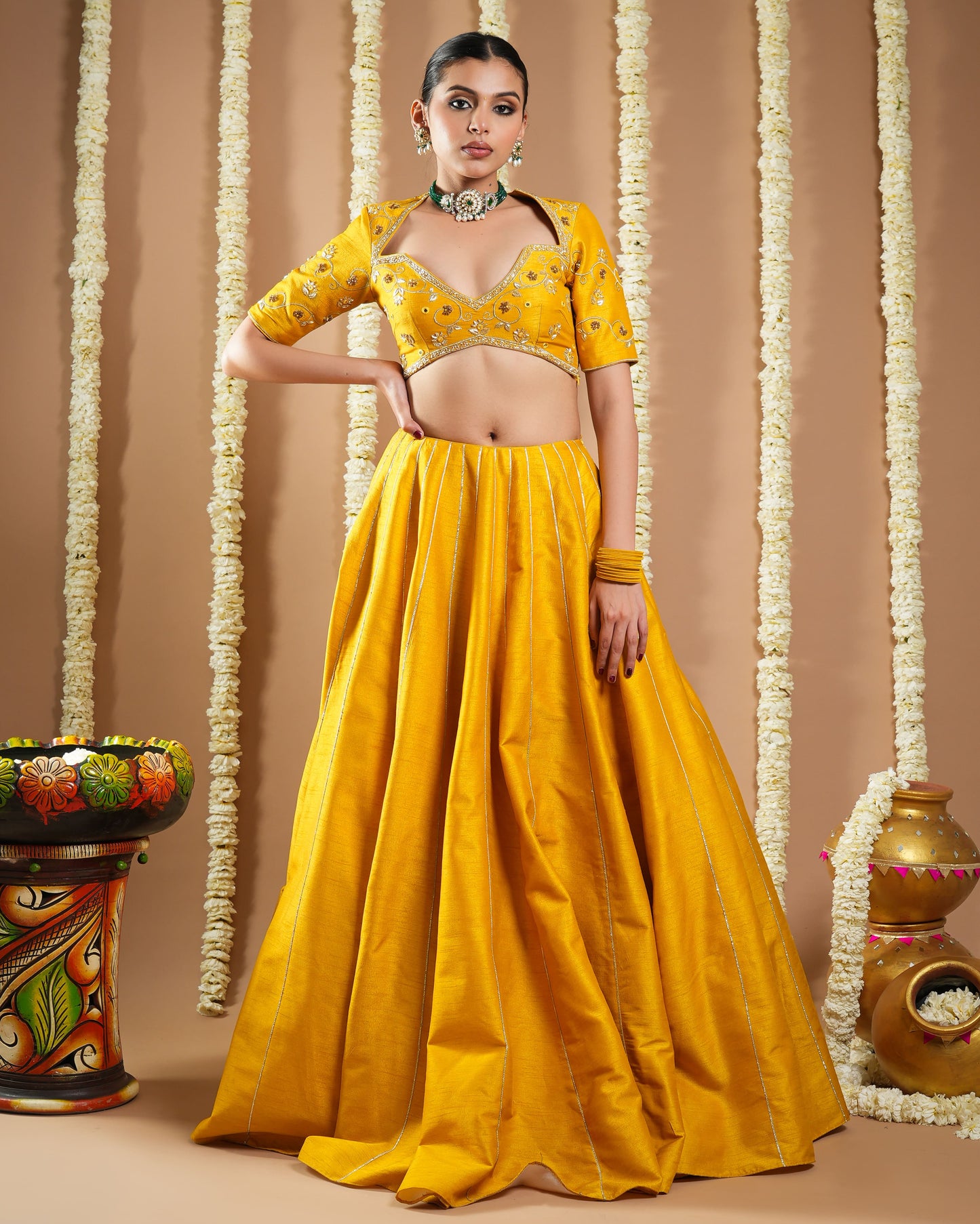 Mustard Yellow Heavy Slub Silk Lehenga Set (Set Of 3)