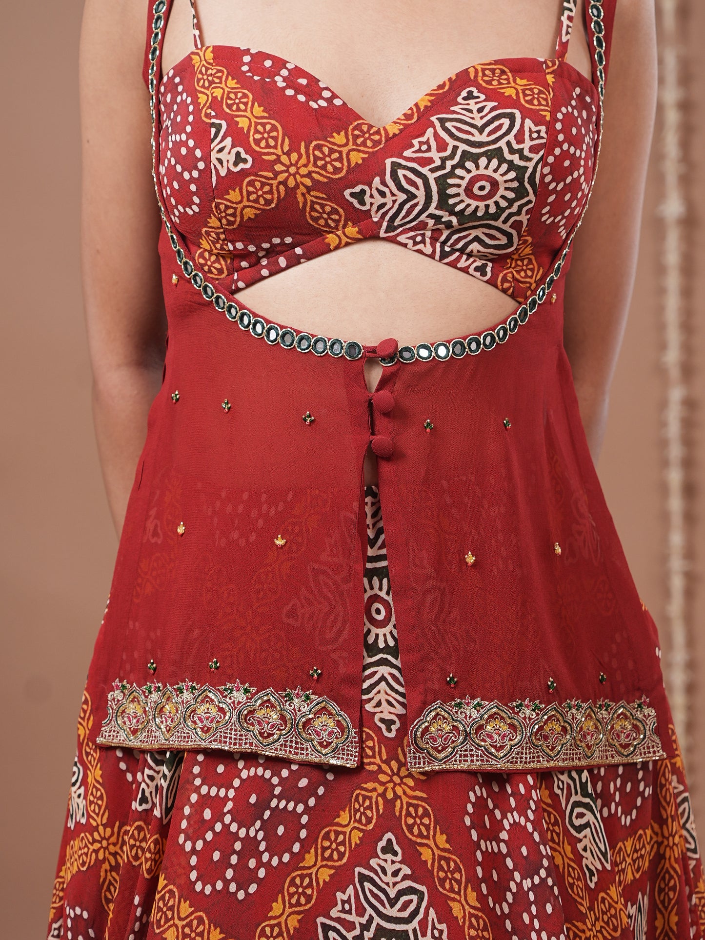 Red Bandhani Printed Lehenga Set (Set of 3)