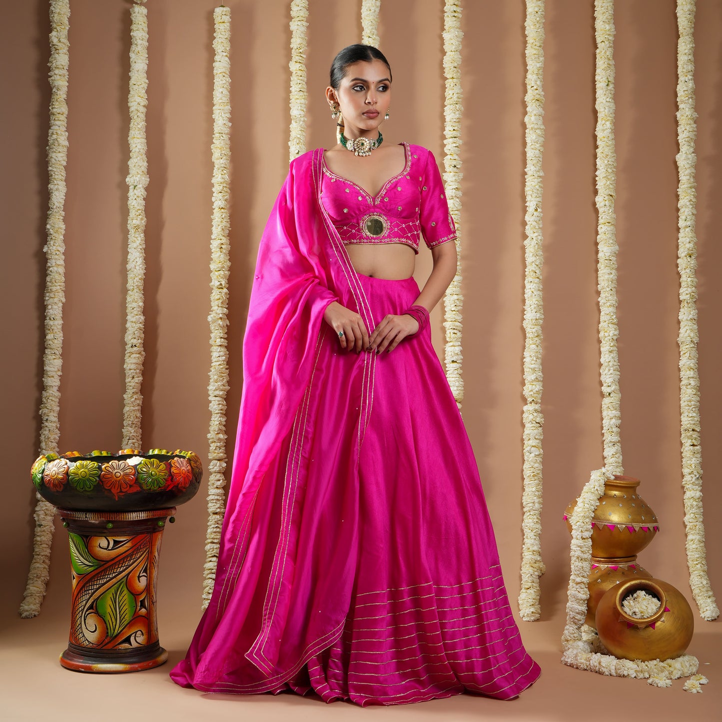 Hot Pink Silk Heavy Lehenga Set (Set Of 3)